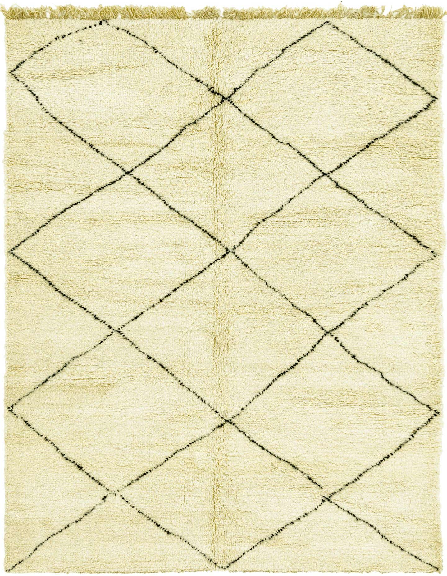 A 7x10 rectangular ivory shag rug with a black tribal diamond pattern and fringed edges, suitable for a living room.