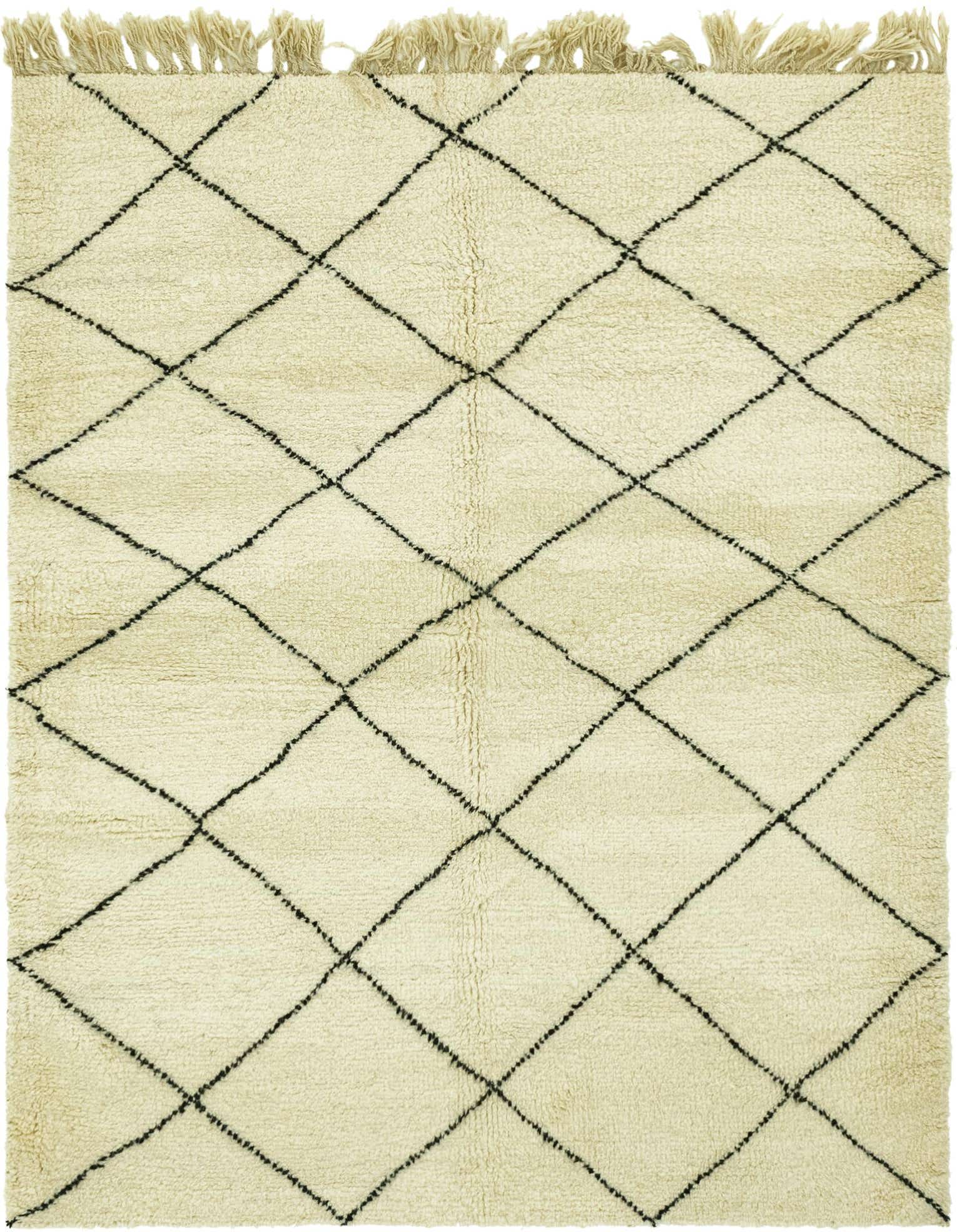 A 6x9 rectangular ivory shag wool rug with a black diamond tribal pattern and fringed edges, perfect for a modern living room.