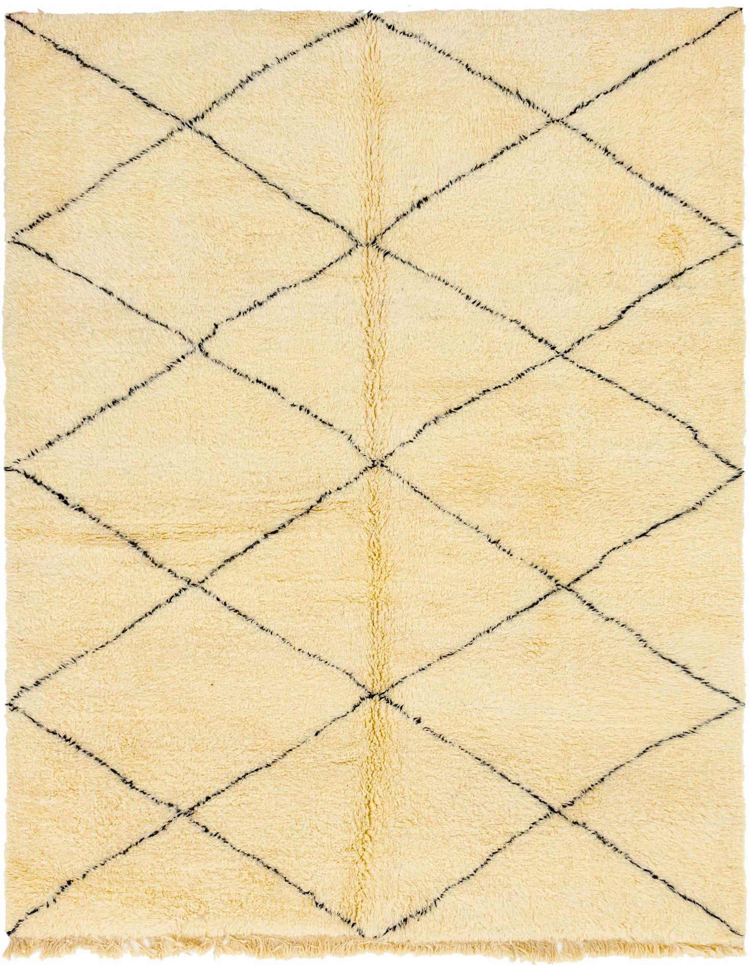 A 7x10 rectangular ivory shag rug with a black tribal diamond pattern, perfect for a modern living room.