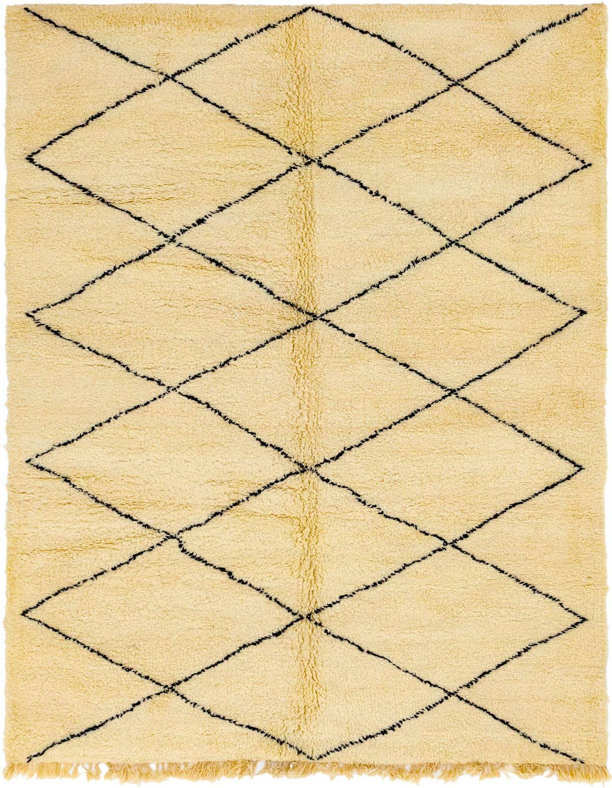 A 7x10 rectangular ivory shag rug with a black tribal diamond pattern and fringe, perfect for a living room.