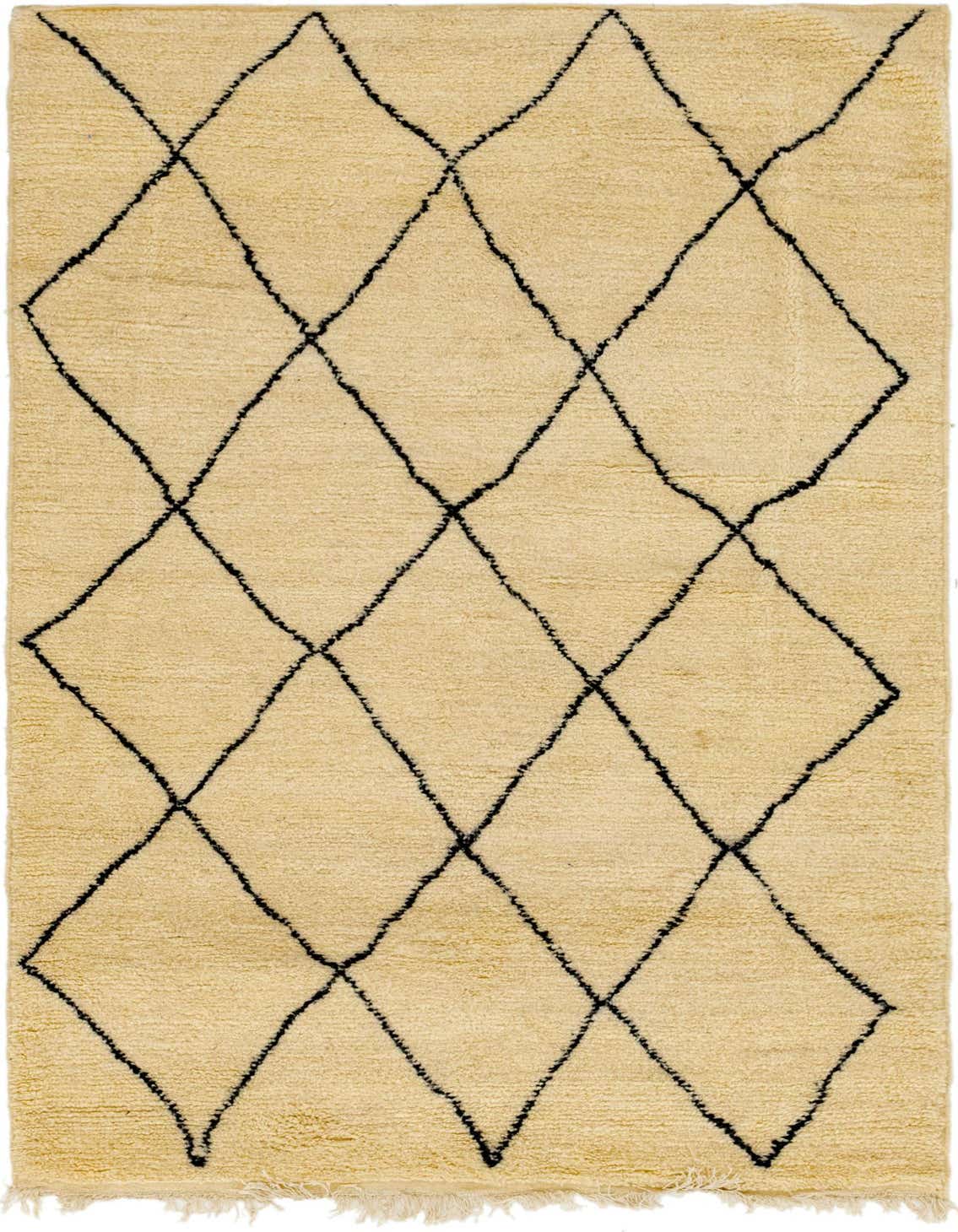 A 5x8 rectangular ivory shag rug with a black tribal diamond pattern, ideal for a living room.
