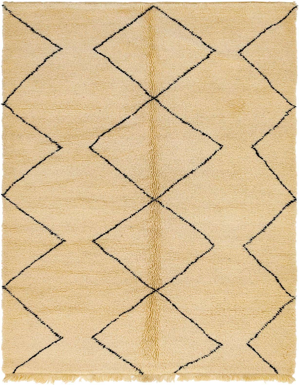 A 7x10 rectangular ivory shag rug with a bold black tribal diamond pattern, perfect for a modern living room.