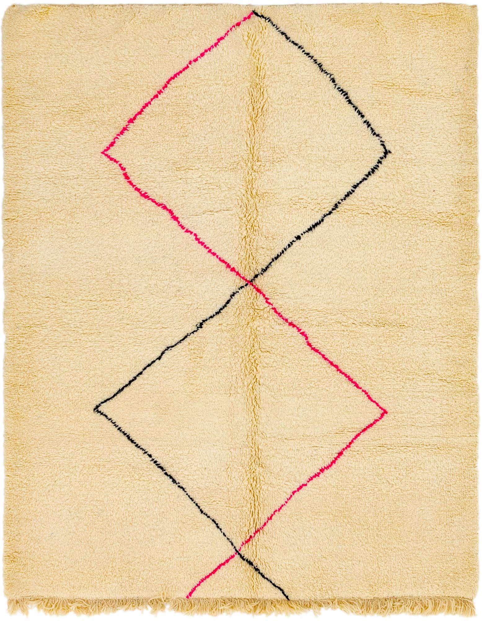 A 7x10 rectangular ivory shag rug with a modern tribal pattern of interlocking black and pink diamonds.