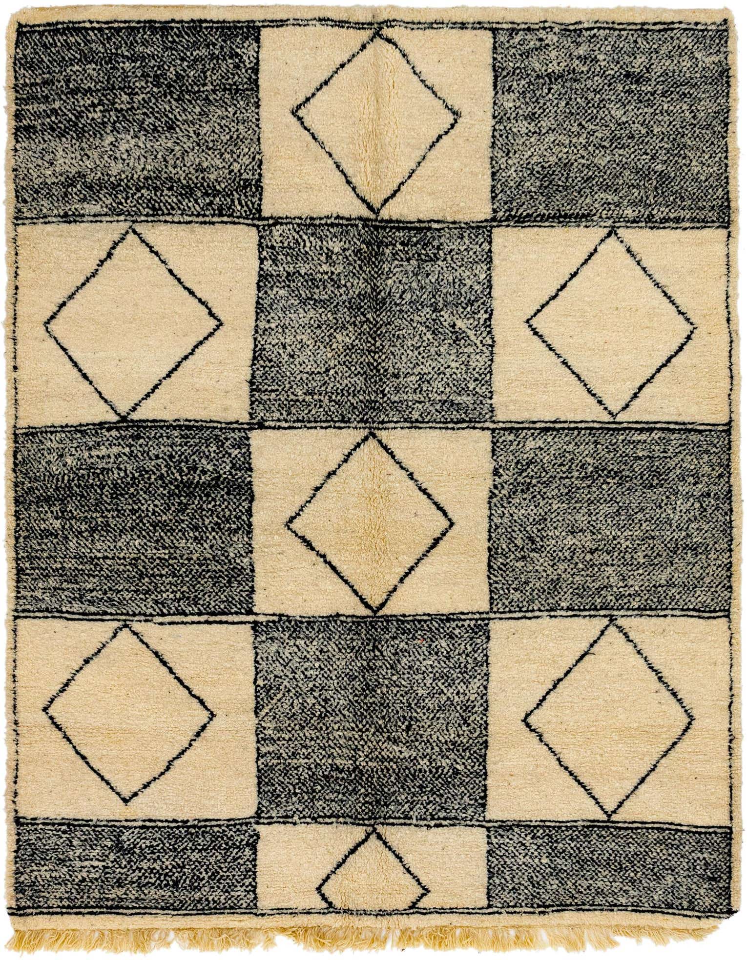 A 7x10 rectangular ivory and black shag rug with a bold checkerboard pattern featuring diamond outlines.
