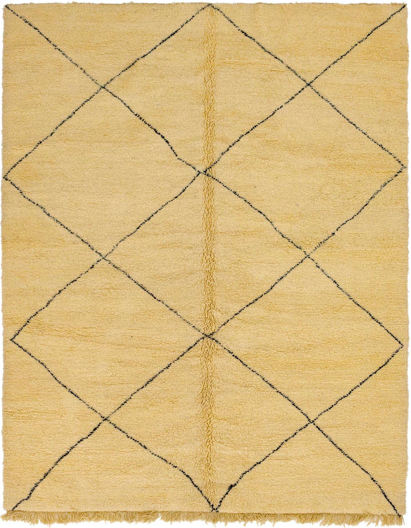 An 8x11 rectangular ivory shag rug with a black tribal diamond pattern, ideal for a living room.