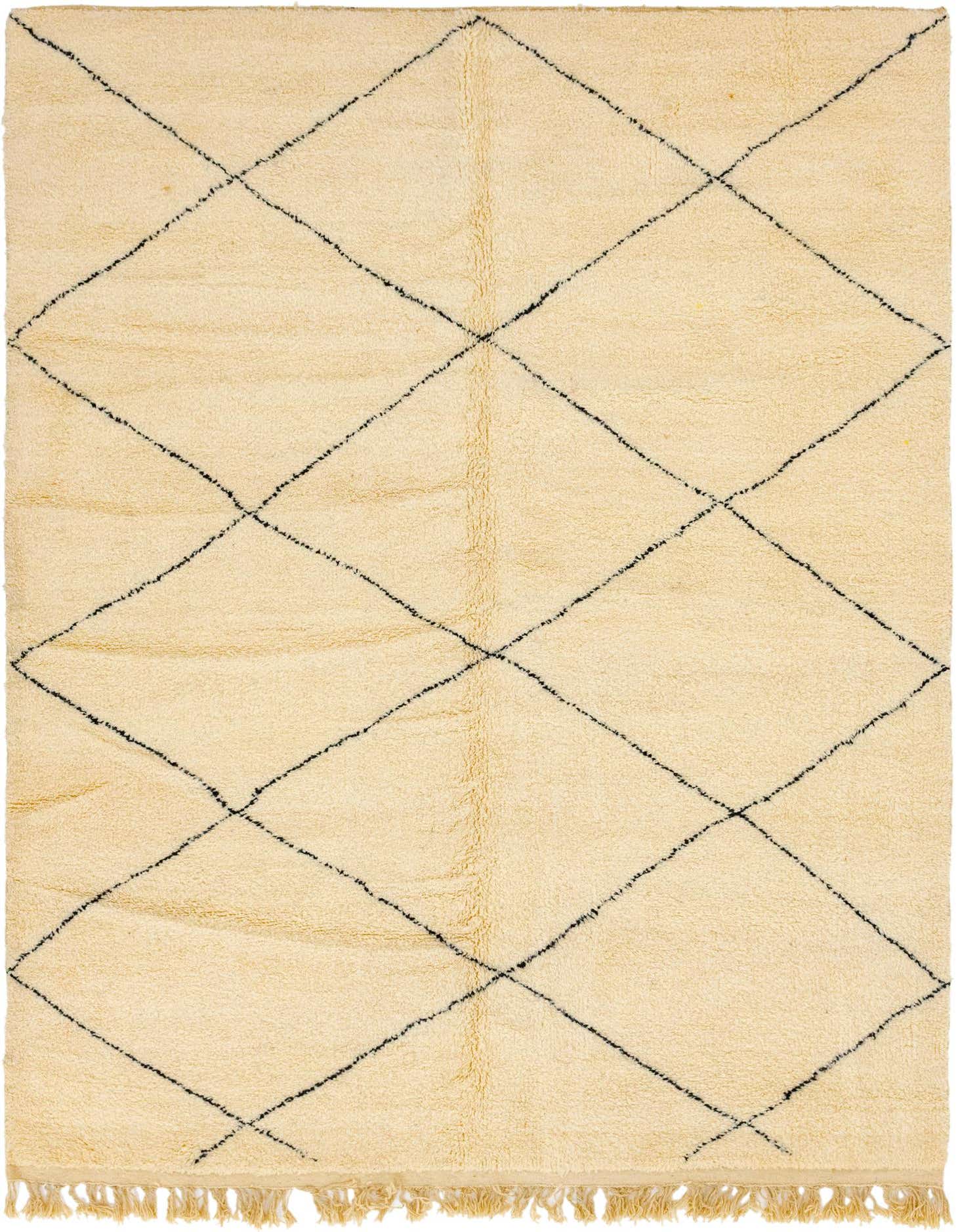 An 8x11 rectangular ivory shag rug featuring a black tribal diamond pattern and fringed edges.