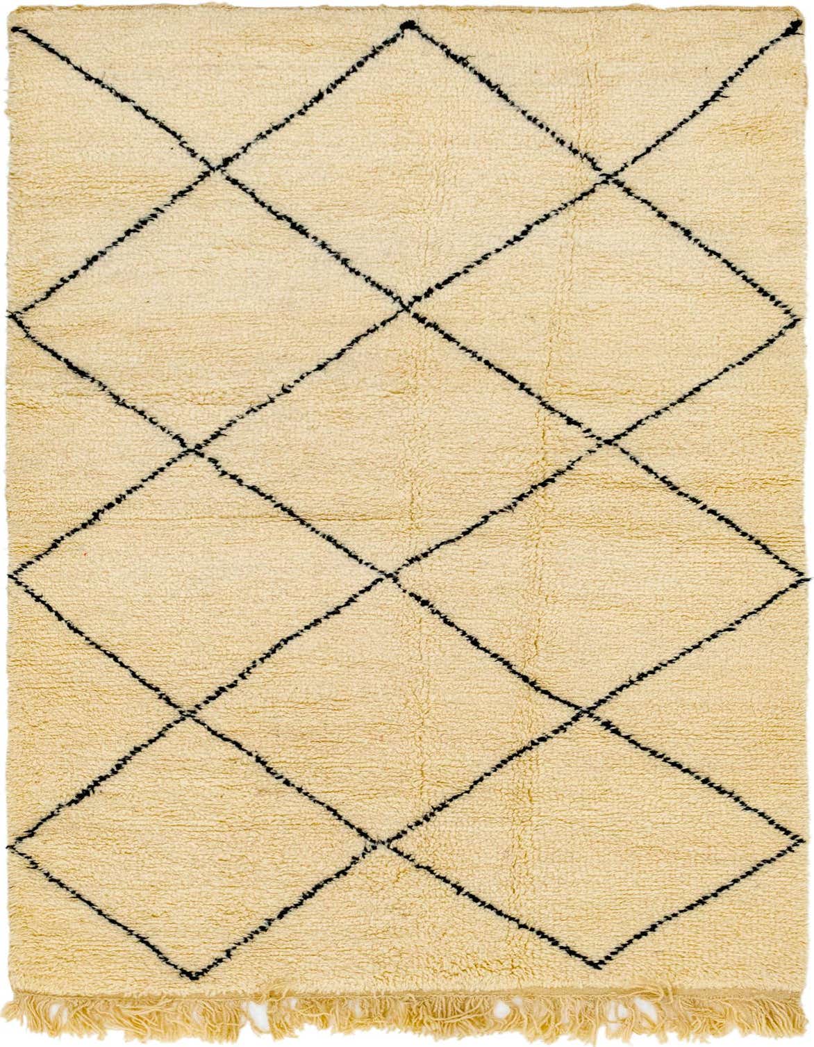 A 5x8 rectangular ivory shag rug with a black tribal diamond pattern and fringe, perfect for a living room.