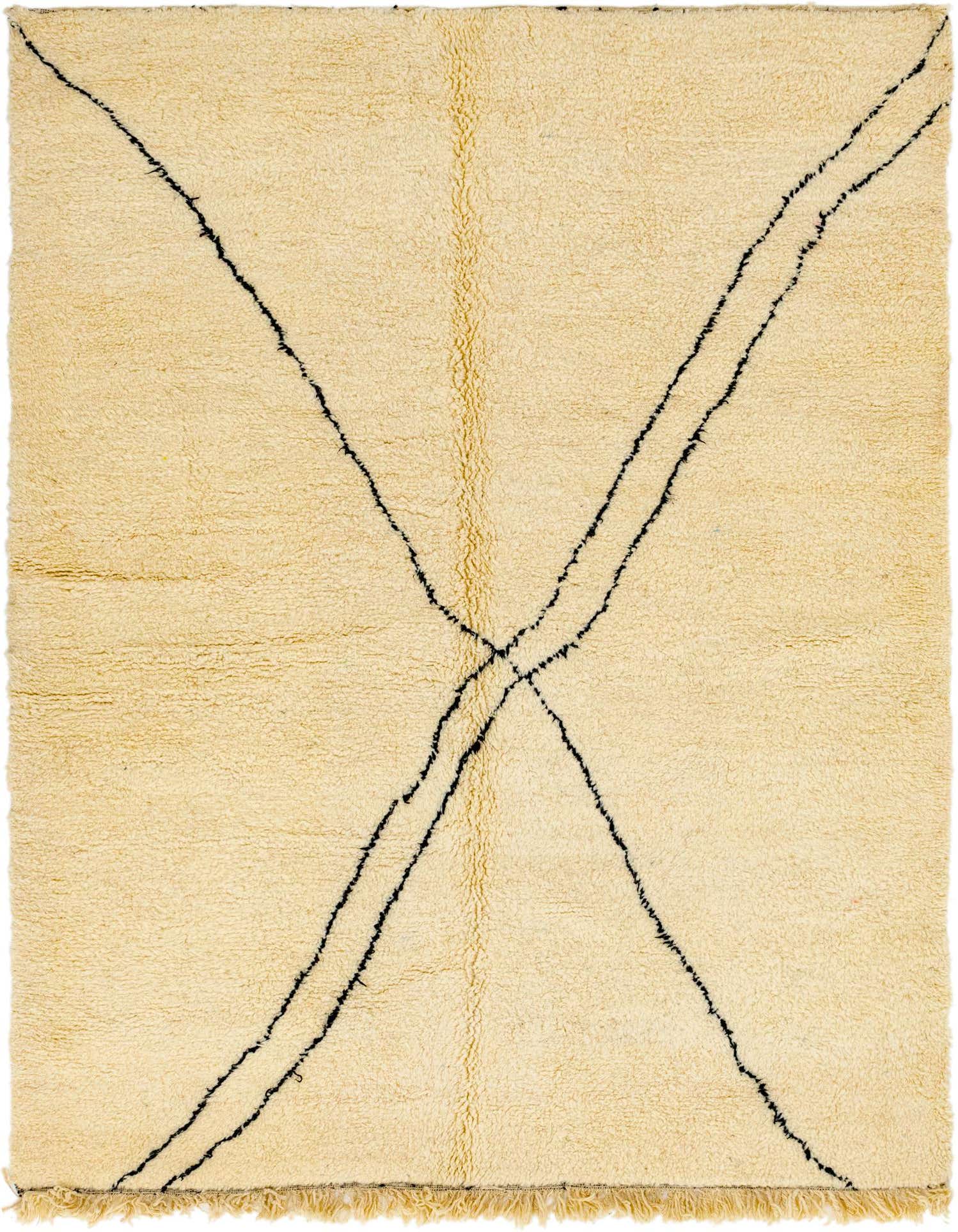 A 7x10 rectangular ivory shag rug featuring a bold, intersecting black tribal pattern, perfect for a modern living room.