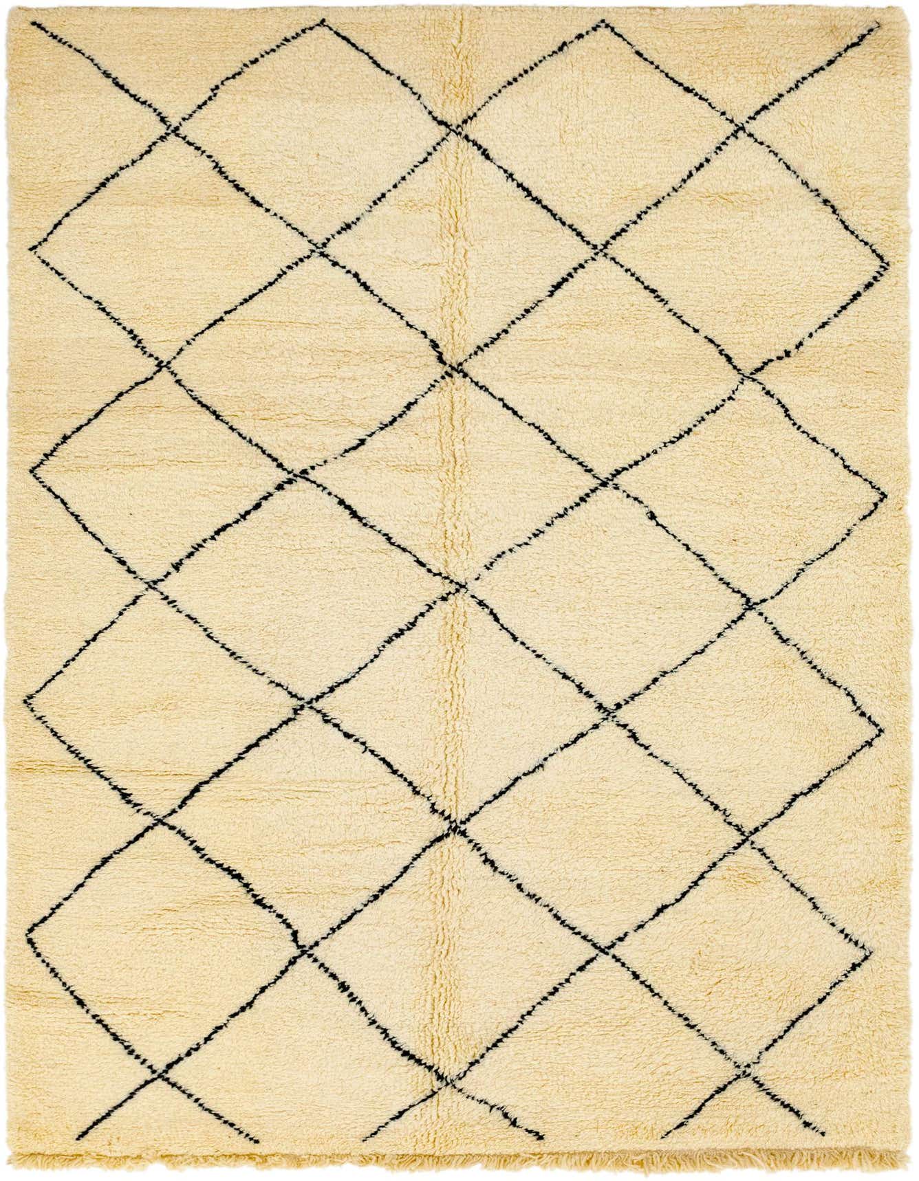 A 7x10 rectangular ivory shag rug with a black tribal diamond pattern, ideal for a living room.