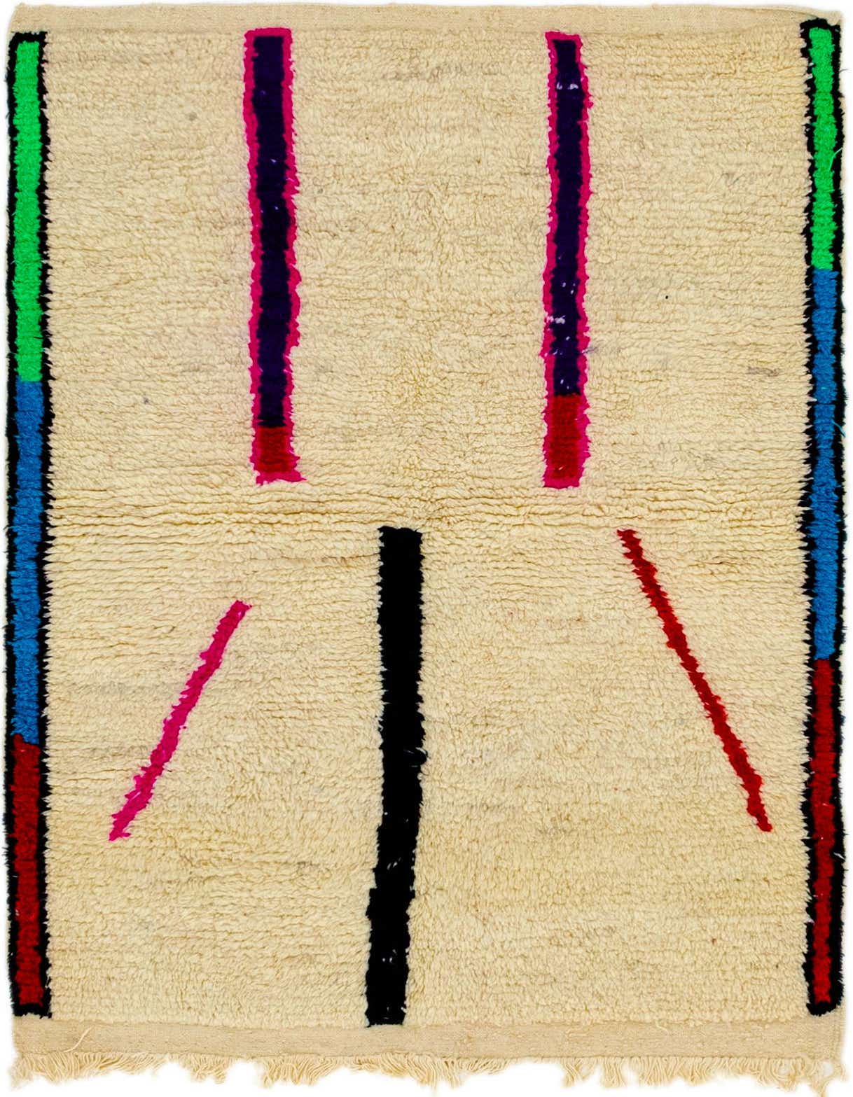 A 3x5 rectangular ivory shag rug with colorful abstract tribal patterns in pink, purple, red, black, green, and blue.