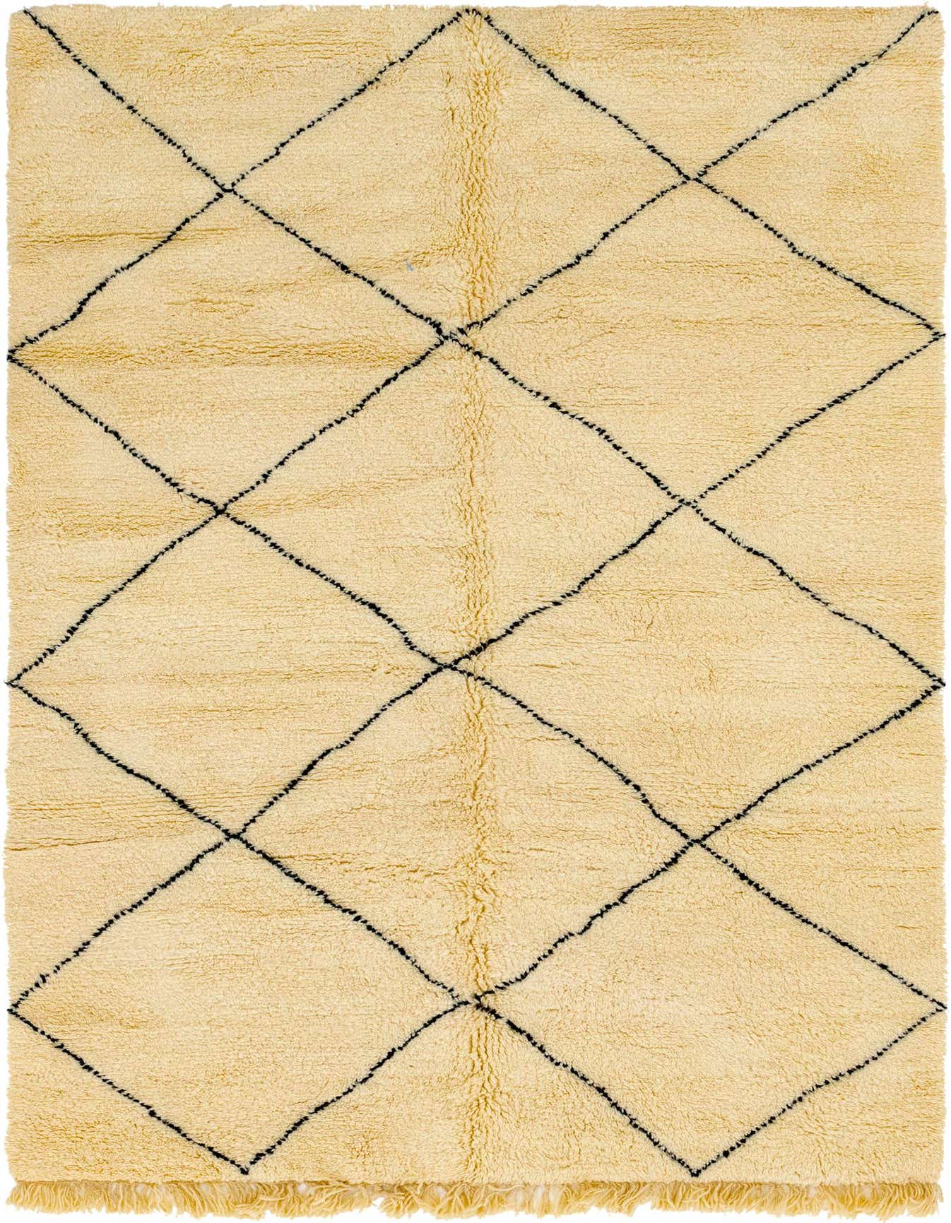 A rectangular 6x9 ivory shag rug with a black tribal diamond pattern and fringed ends, suitable for a living room.