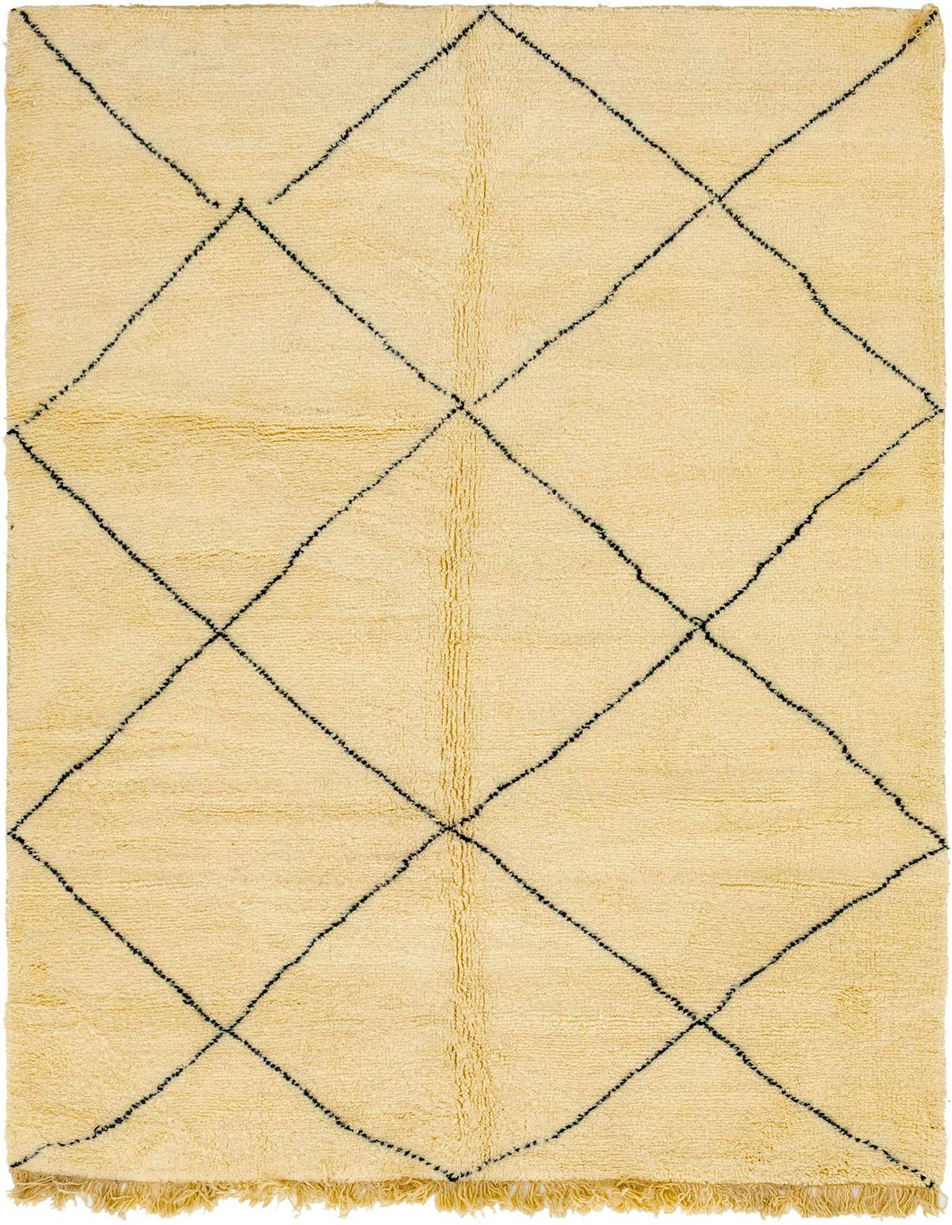 A 7x10 rectangular ivory shag rug with a black tribal diamond pattern and fringe, perfect for a living room.