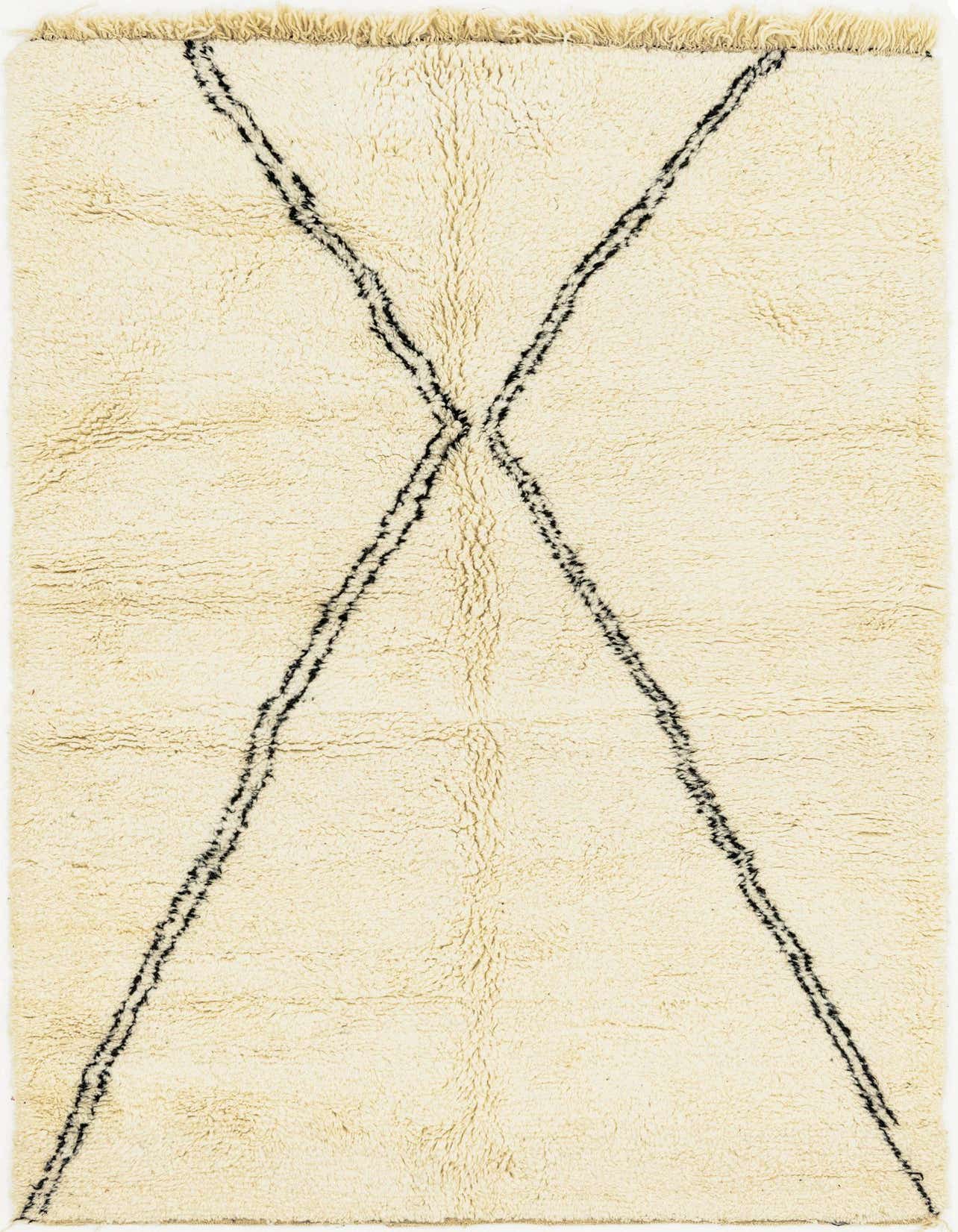 A 5x8 rectangular ivory shag rug with a bold black abstract X-pattern, perfect for a modern living room.