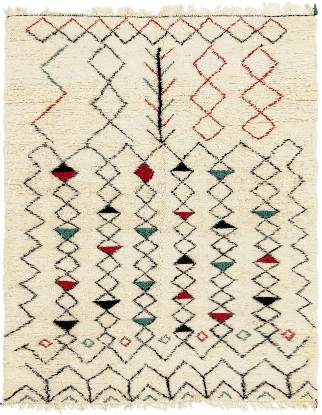 A 5x8 rectangular ivory shag rug with a modern tribal pattern of black, red, and teal diamonds and lines.