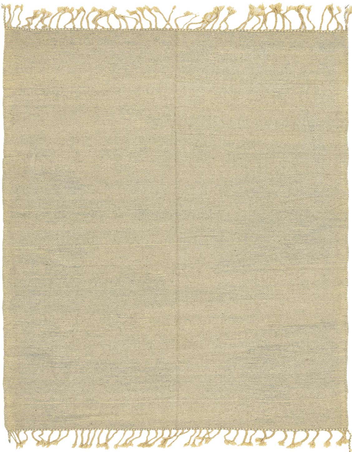 An 8x10 rectangular ivory wool shag rug with subtle stripe patterns and decorative tassels on a white background.