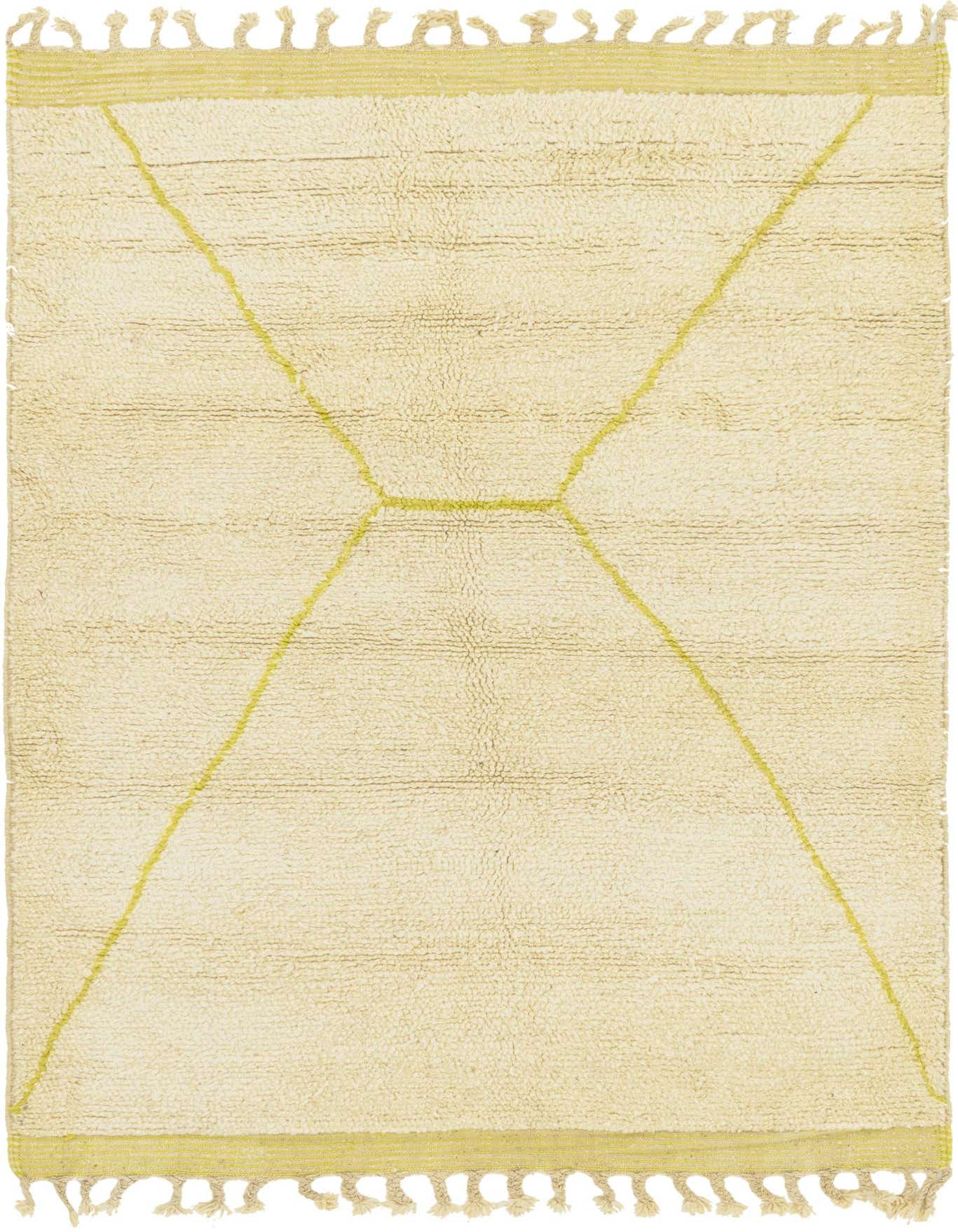 A 6x9 rectangular ivory shag rug with a modern tribal lime green abstract pattern and fringed ends.