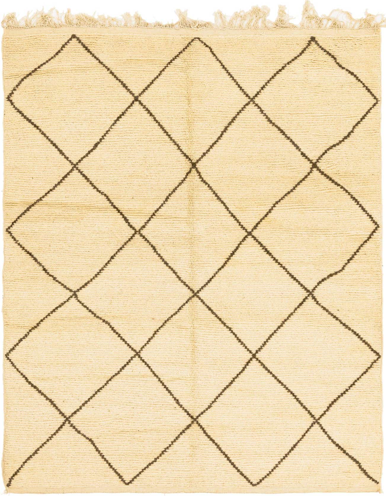 A 6x9 rectangular ivory wool shag rug with a dark brown tribal diamond pattern and fringed edges.