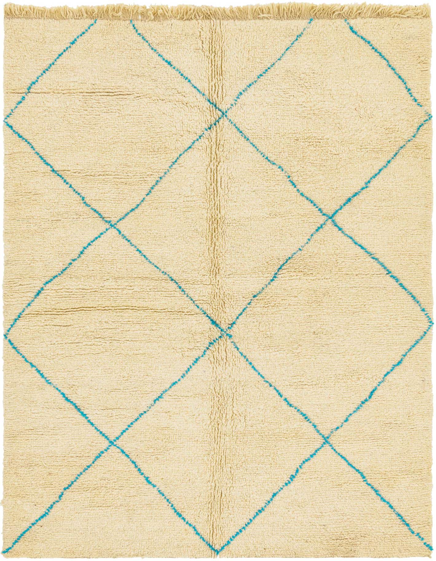 A 6x9 rectangular ivory shag rug with a modern tribal diamond pattern in blue, perfect for a living room.