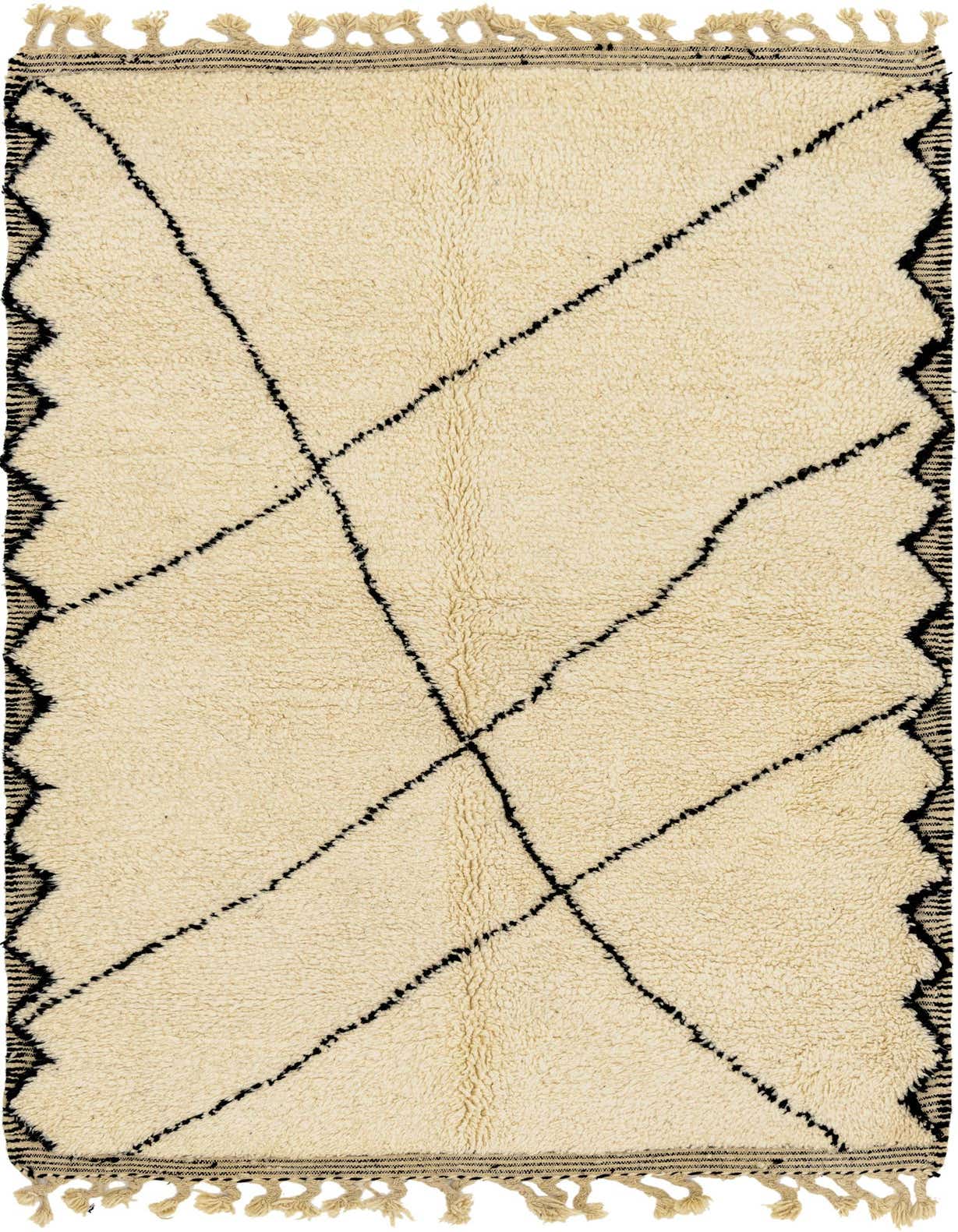 A 5x8 rectangular ivory shag rug with black tribal geometric lines and a zigzag border, perfect for a living room.