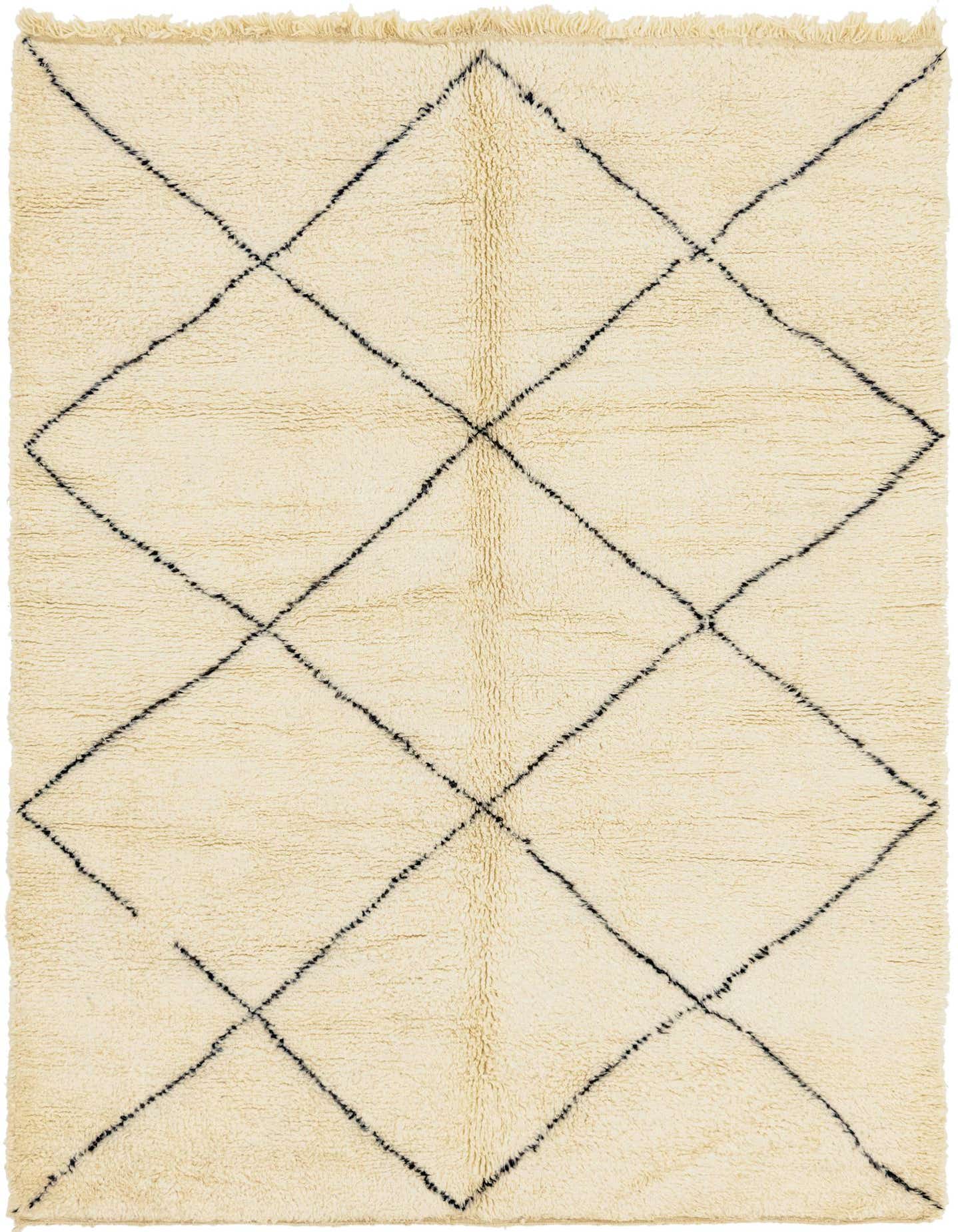 A 6x9 rectangular ivory shag rug with a black tribal diamond pattern, ideal for a living room or bedroom.