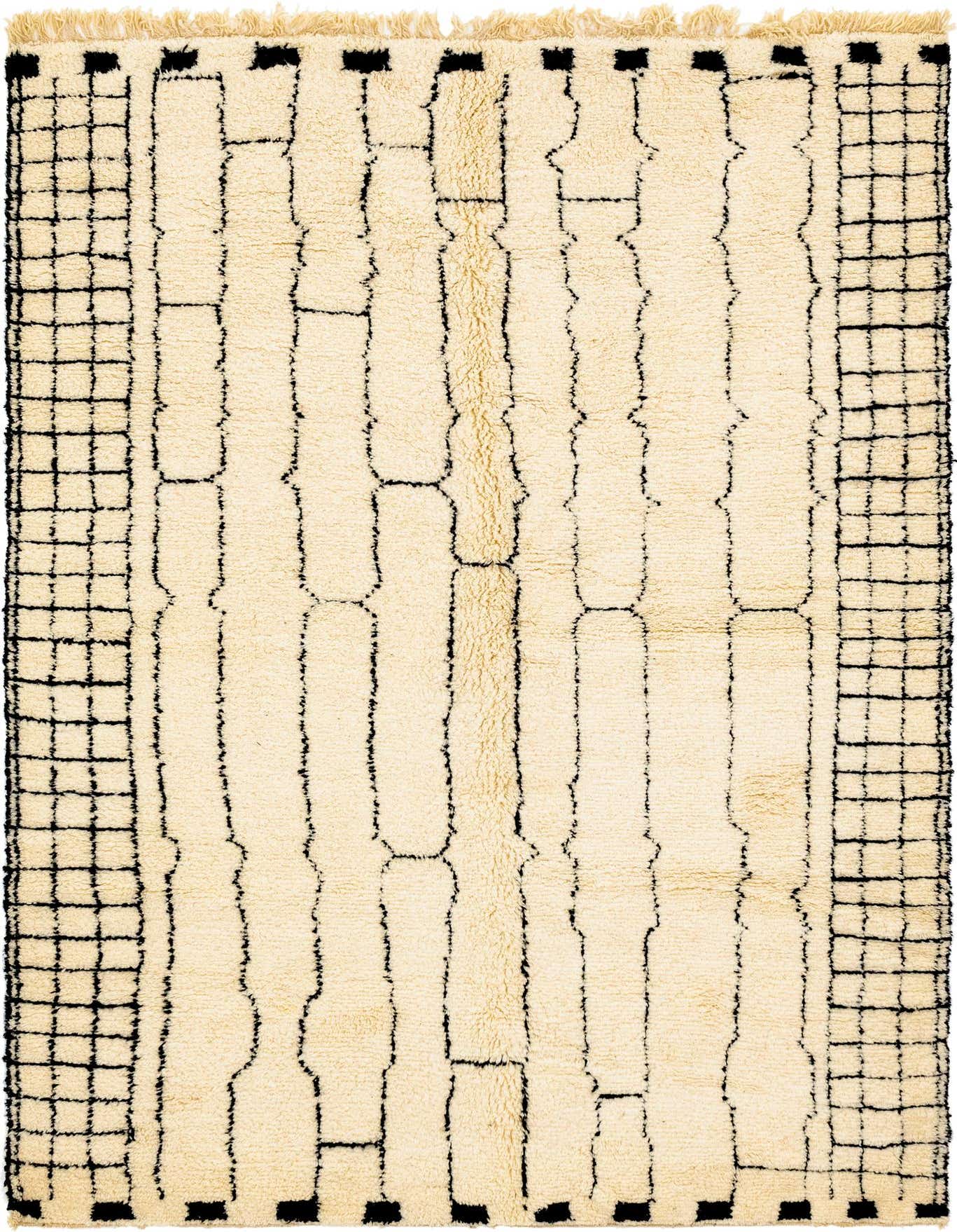 A 7x10 rectangular ivory shag rug with a modern tribal pattern of black abstract lines and grids.