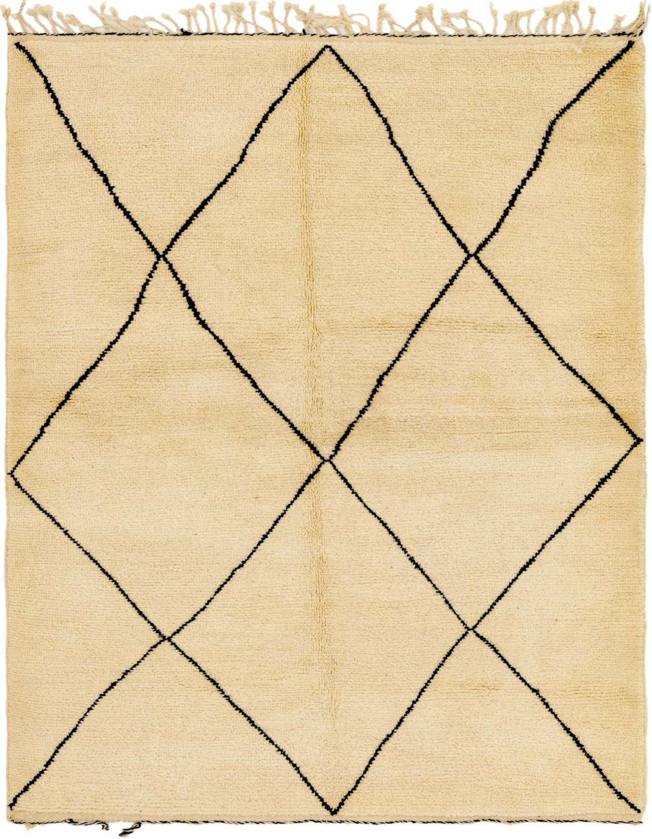 A 5x8 rectangular ivory shag rug with a bold black tribal diamond pattern, ideal for a living room or bedroom.