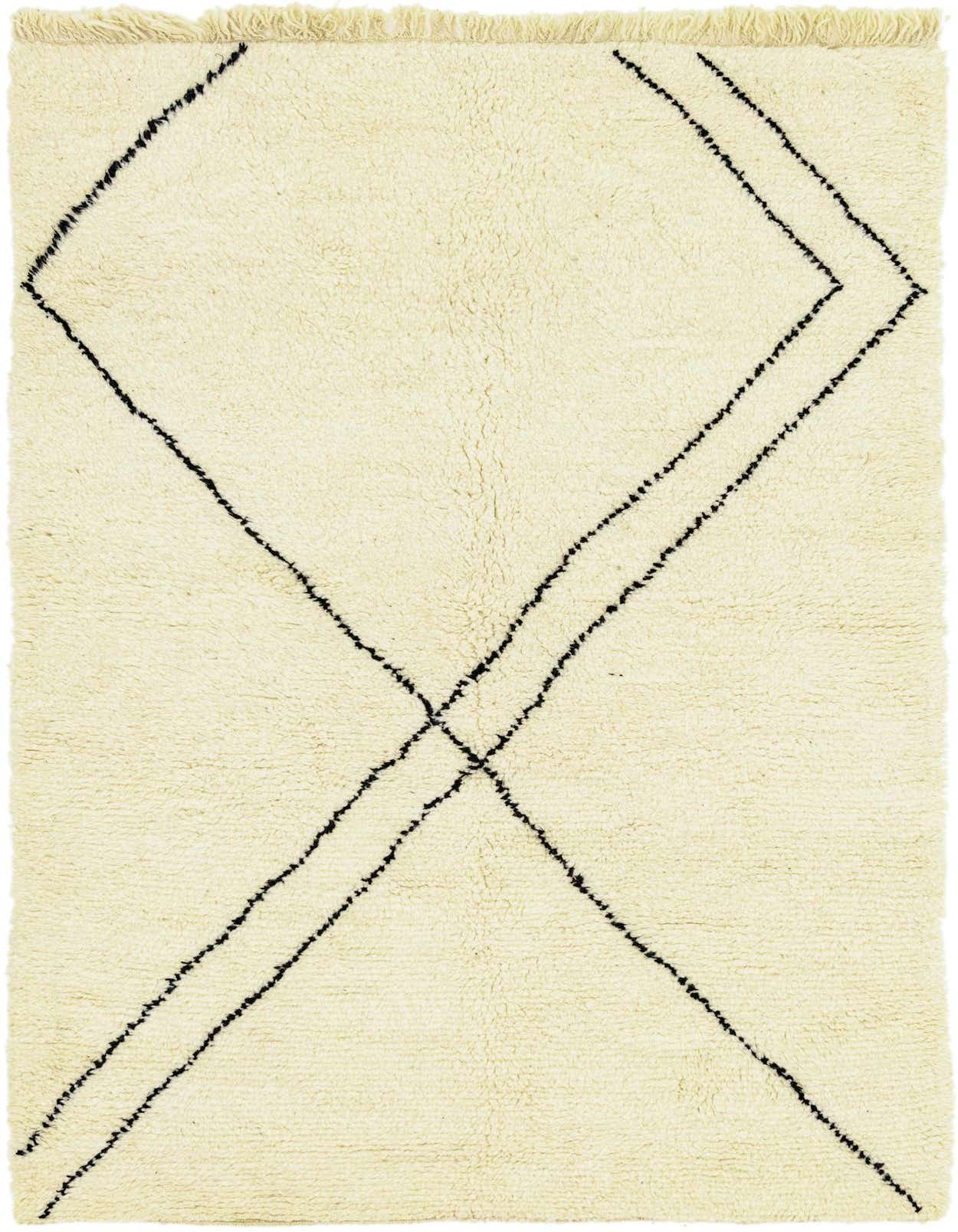 A 5x8 rectangular ivory shag rug featuring a modern tribal pattern of intersecting black lines, suitable for a living room.
