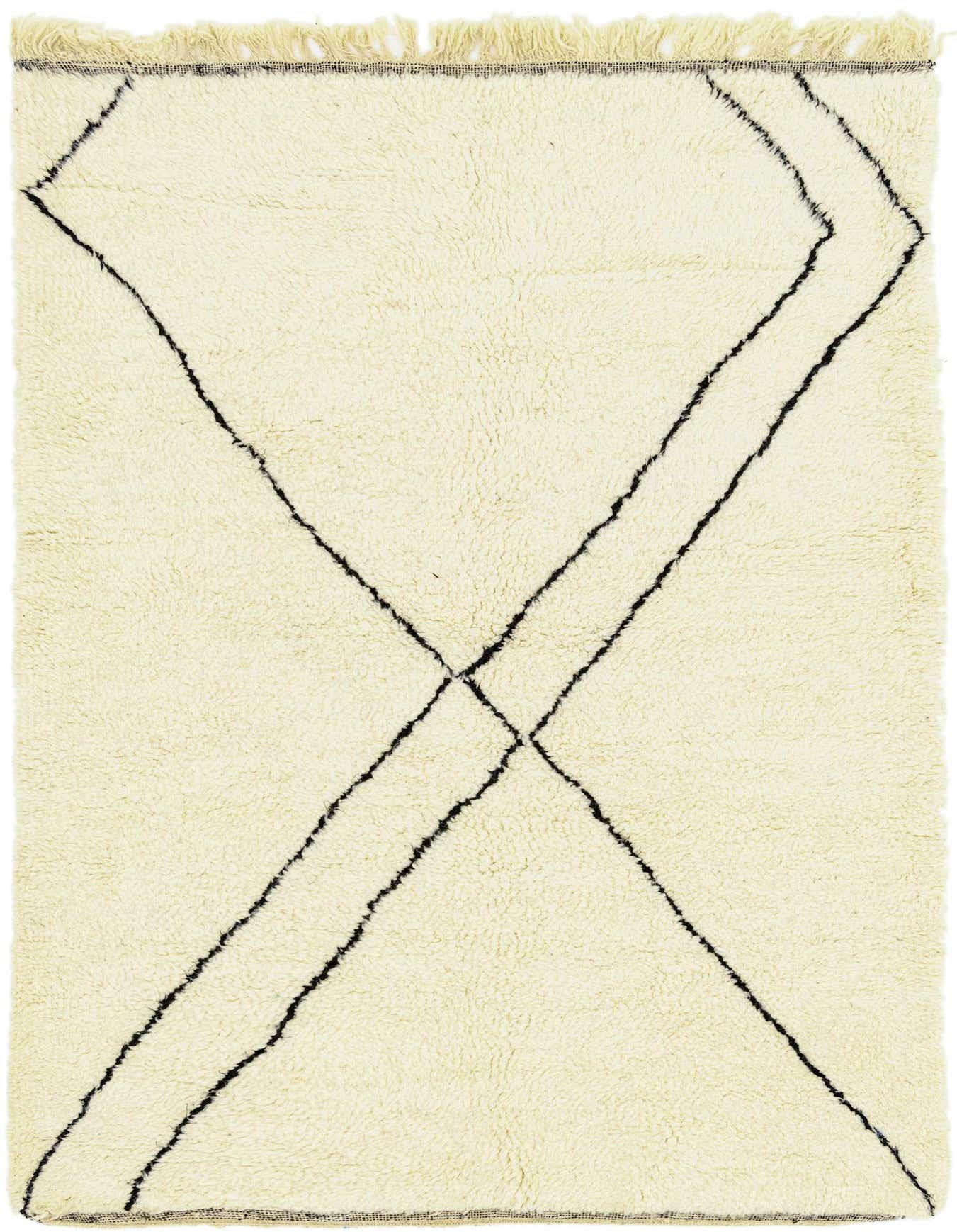 A 5x8 rectangular ivory shag rug with a bold black abstract tribal pattern, featuring two intersecting diagonal lines.