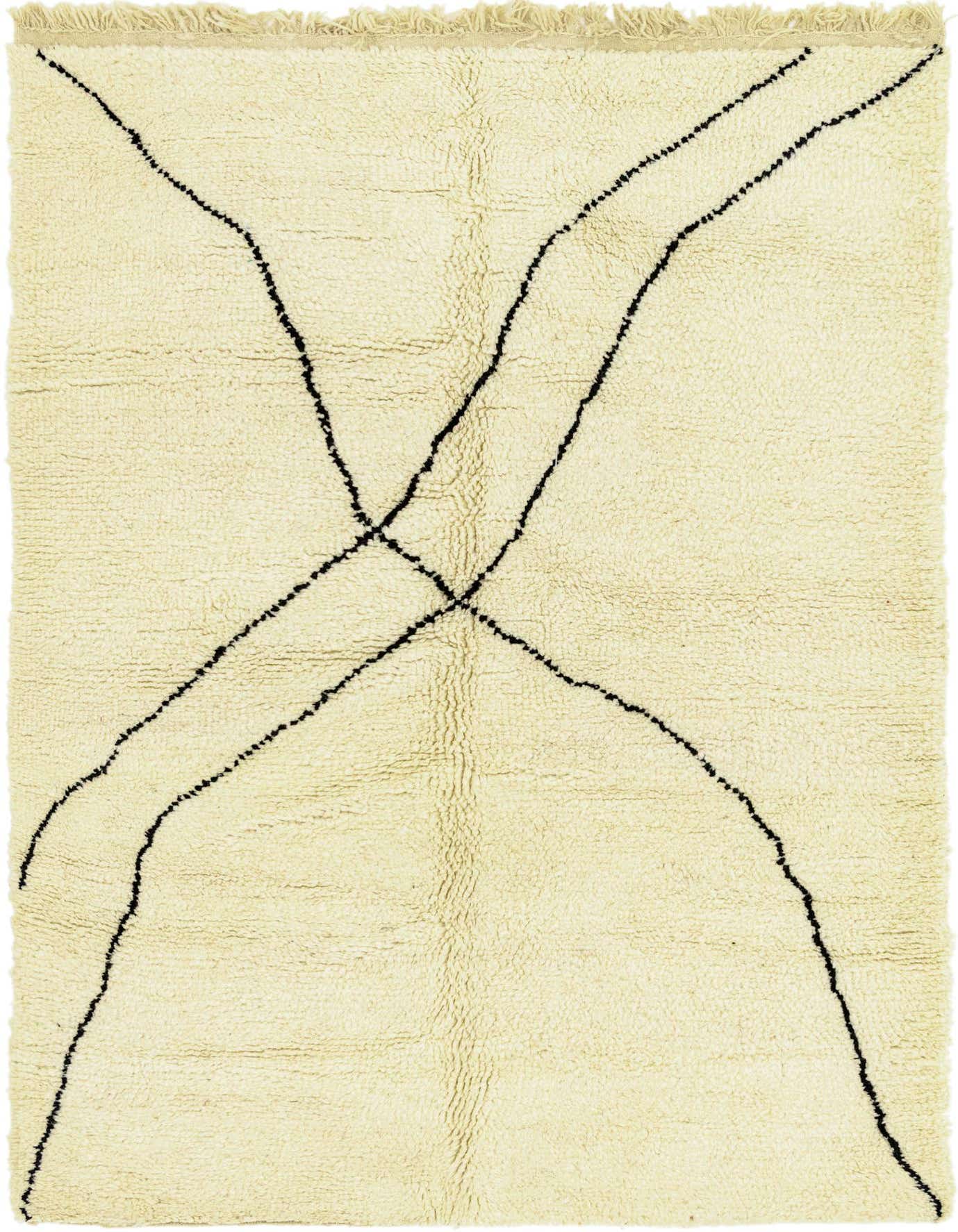 A 6x9 rectangular ivory shag rug with a modern tribal abstract pattern of intersecting black lines.