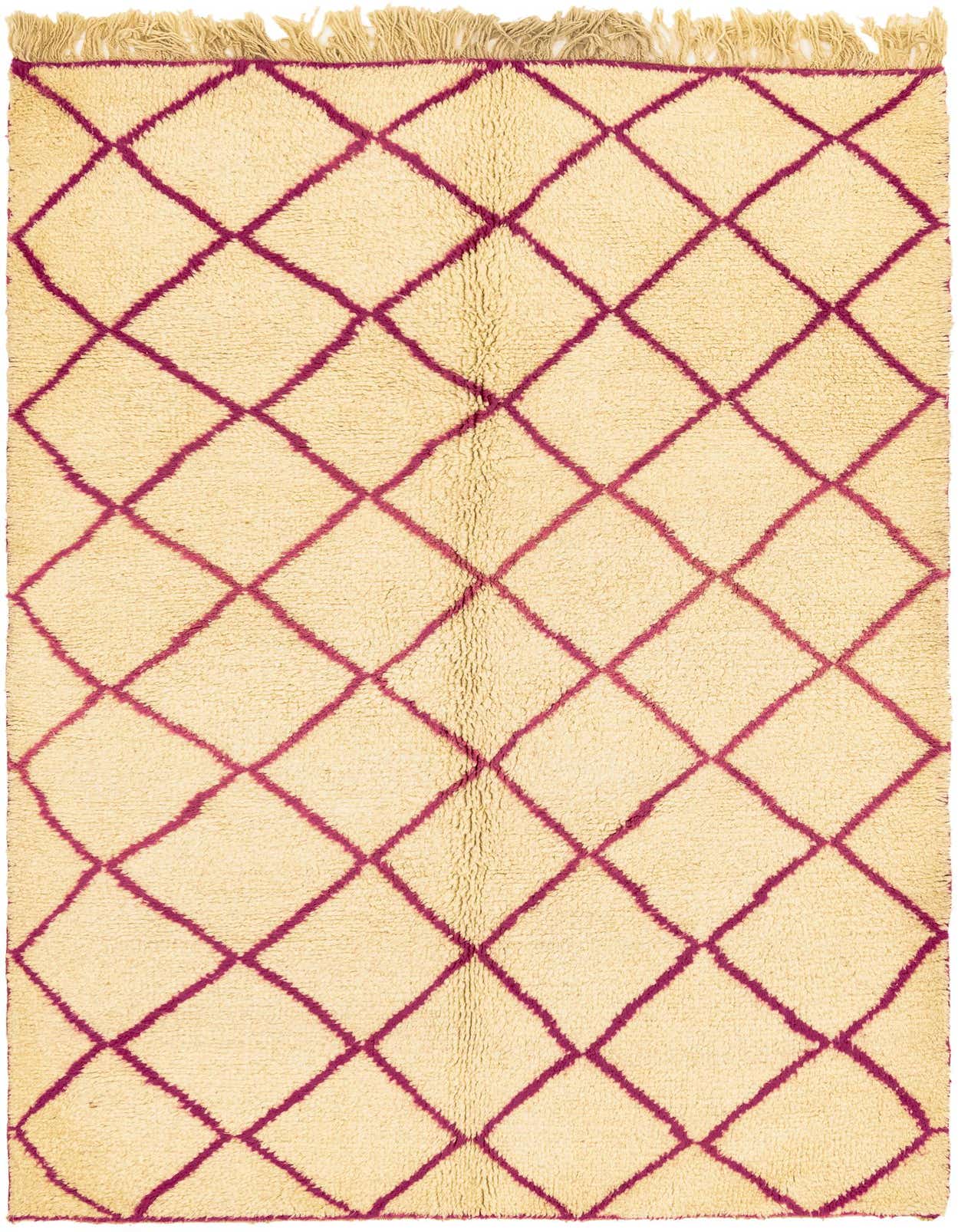 A 6x9 rectangular ivory shag rug with a bold magenta tribal diamond pattern and fringed ends.