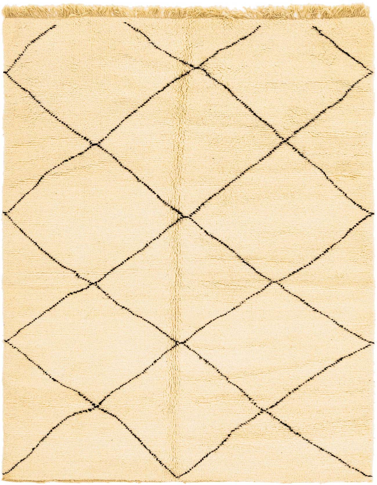A 6x9 rectangular ivory wool shag rug with a black tribal diamond pattern, ideal for a living room.