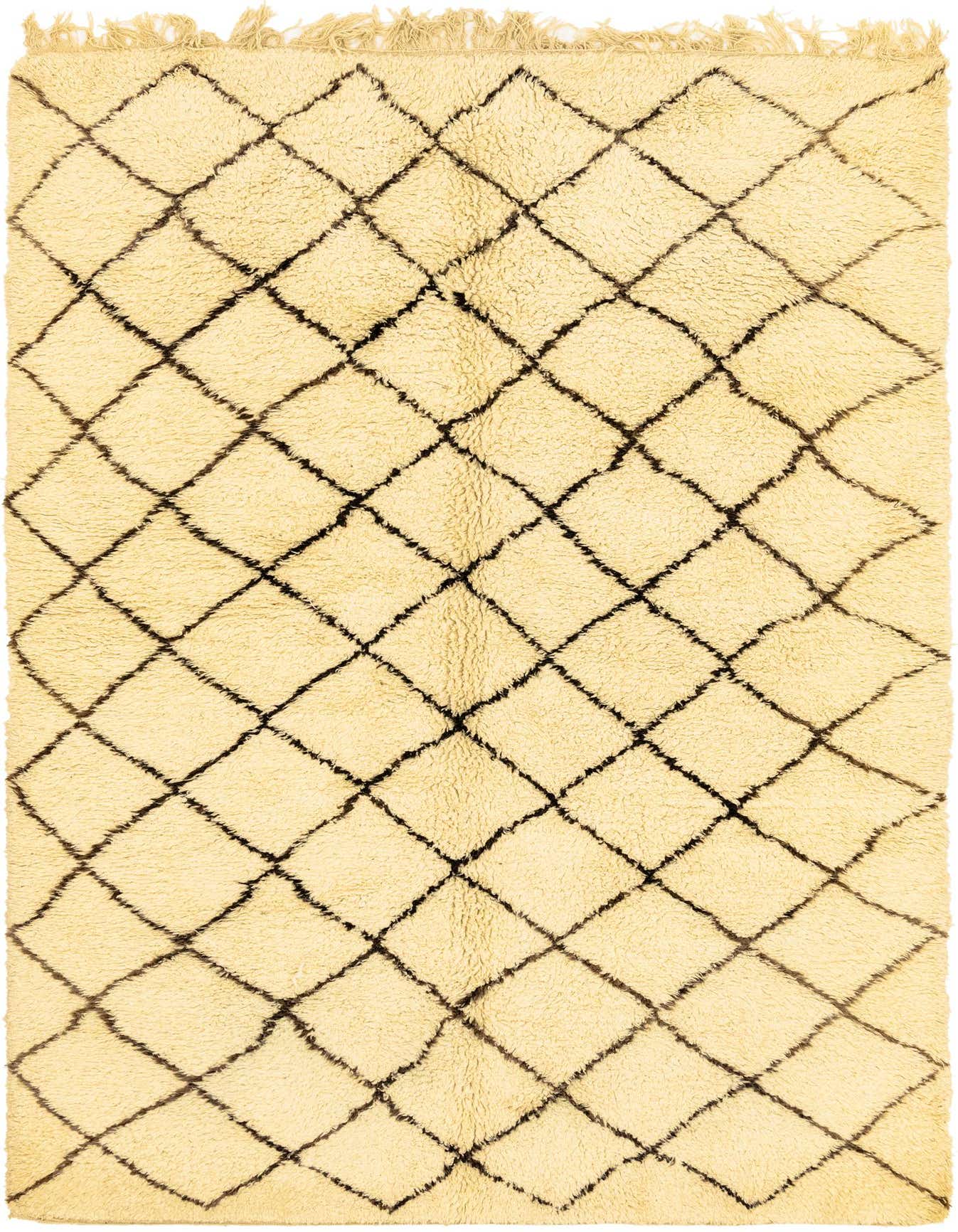 A rectangular 8x11 ivory shag rug with a black tribal diamond pattern and fringe, suitable for a living room.