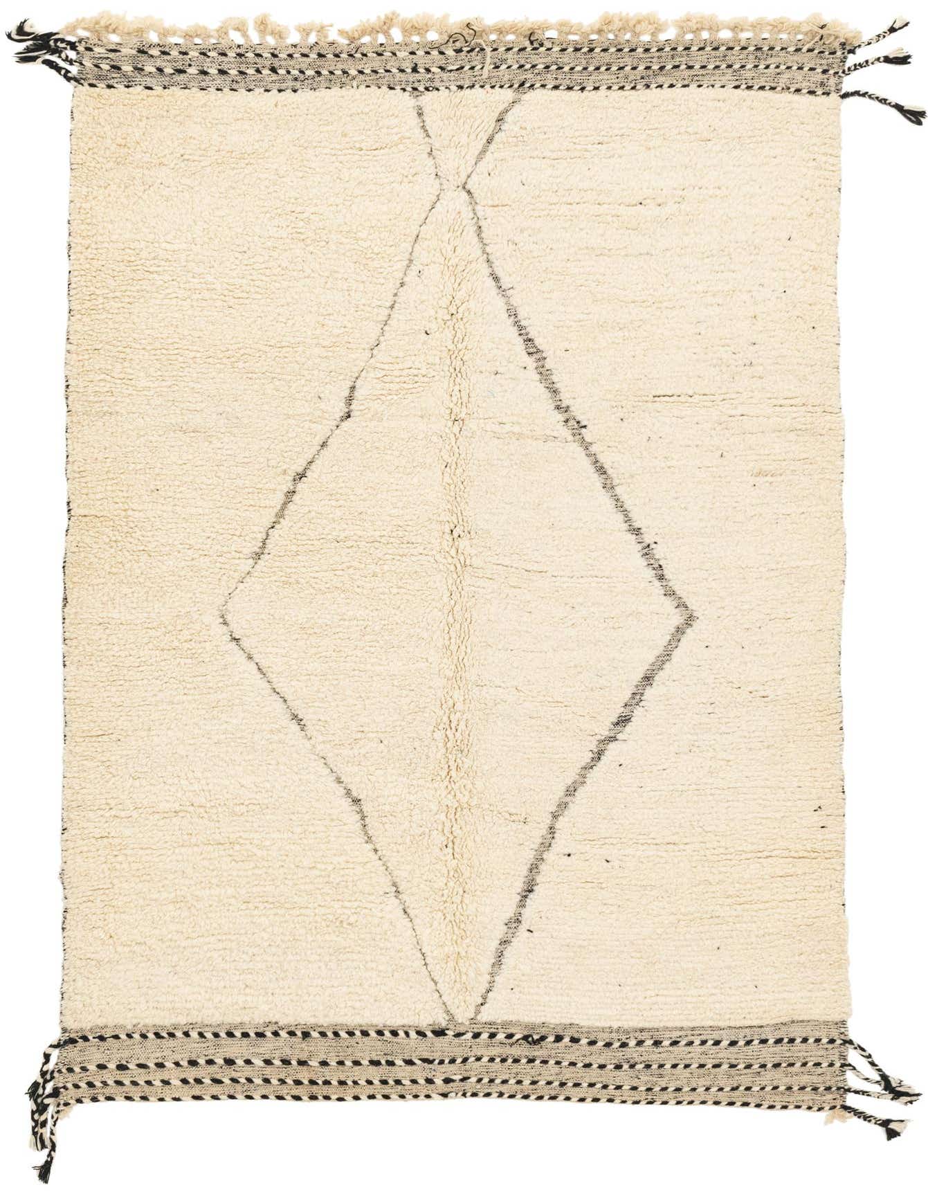A 6x9 rectangular ivory shag rug with a large, thin black diamond pattern and striped borders with tassels.
