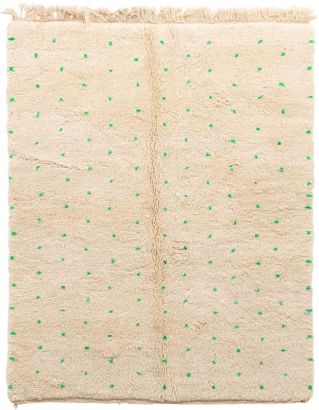 A 5x8 rectangular ivory shag rug with small, randomly placed green dots, featuring fringed ends.