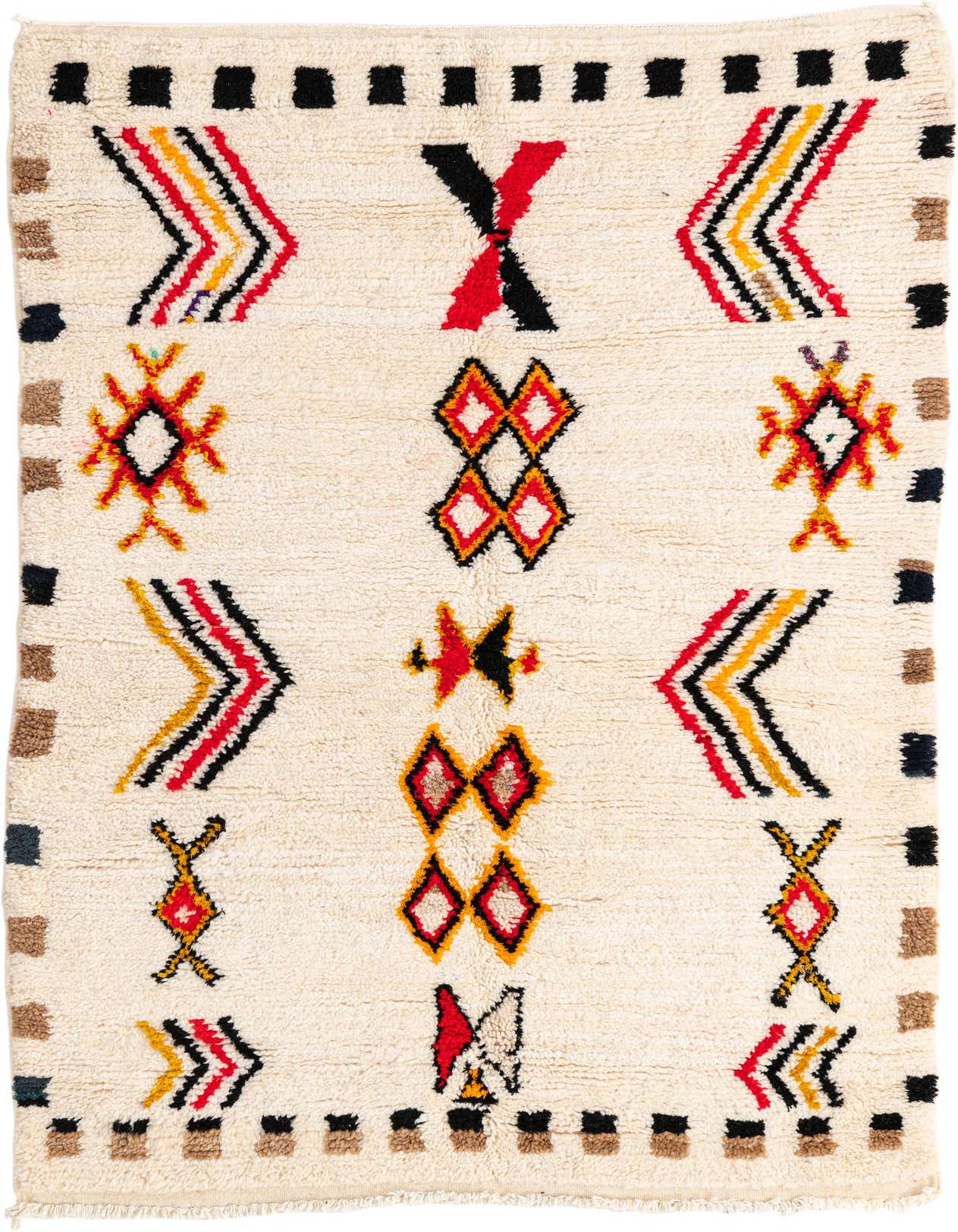 A 4x6 rectangular ivory shag rug with colorful tribal patterns in red, black, and yellow, suitable for a living room.