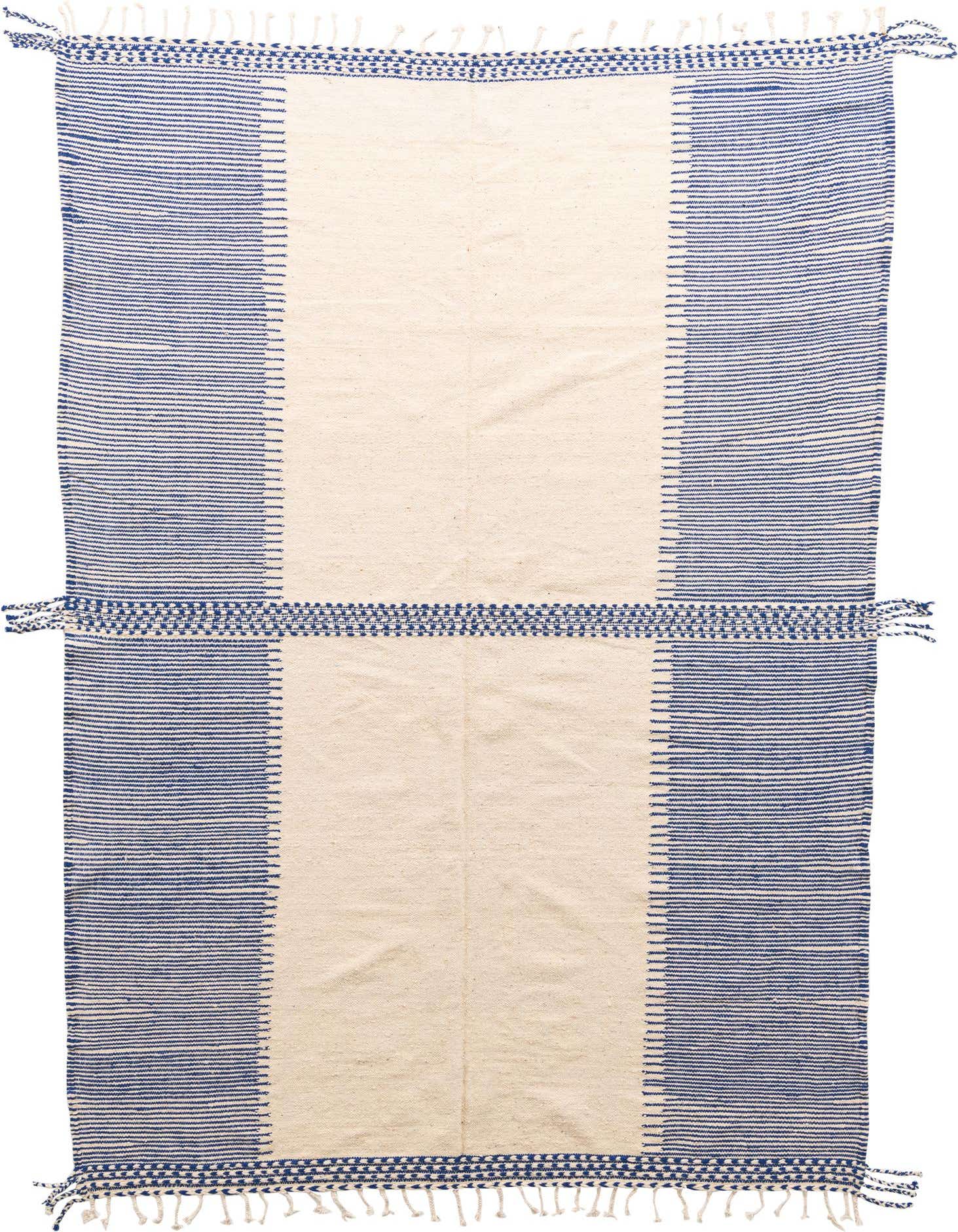 An 8x11 rectangular ivory and blue tribal wool shag rug with a central cream panel and blue striped borders, handmade for a living room.