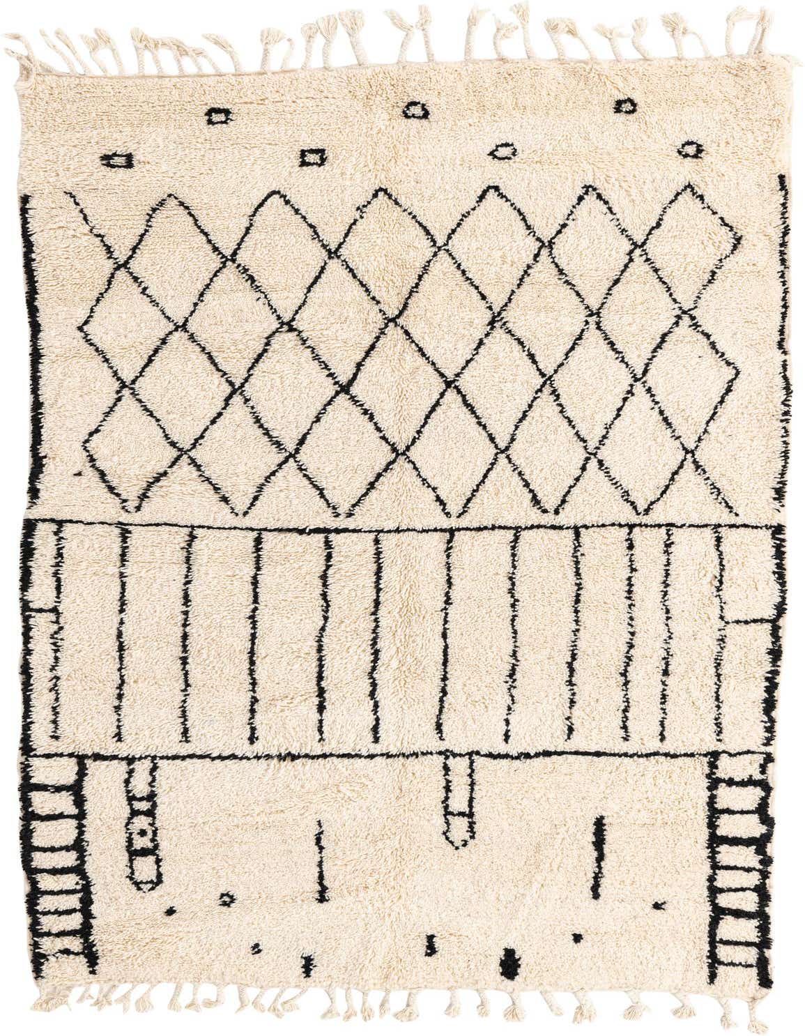 A 5x8 rectangular ivory shag rug with a modern tribal pattern featuring black diamonds and abstract lines, suitable for a living room.