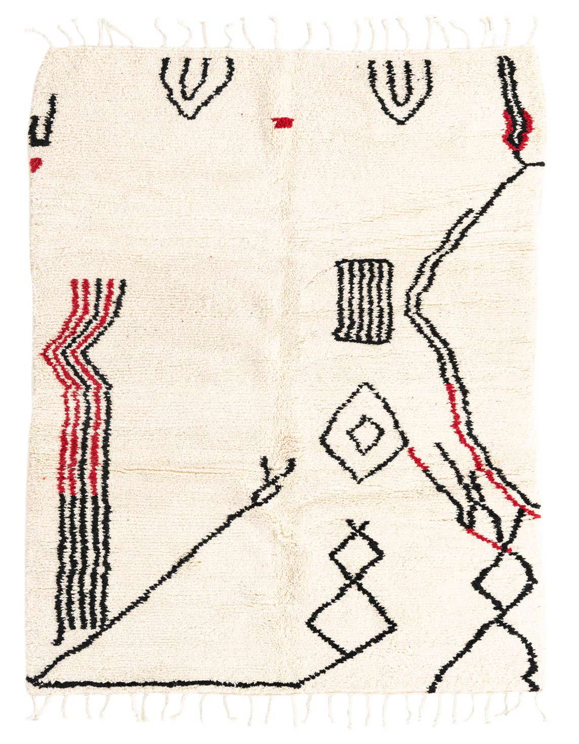 A 5x8 rectangular ivory shag rug with a modern tribal abstract pattern in black and red, featuring geometric shapes and lines.