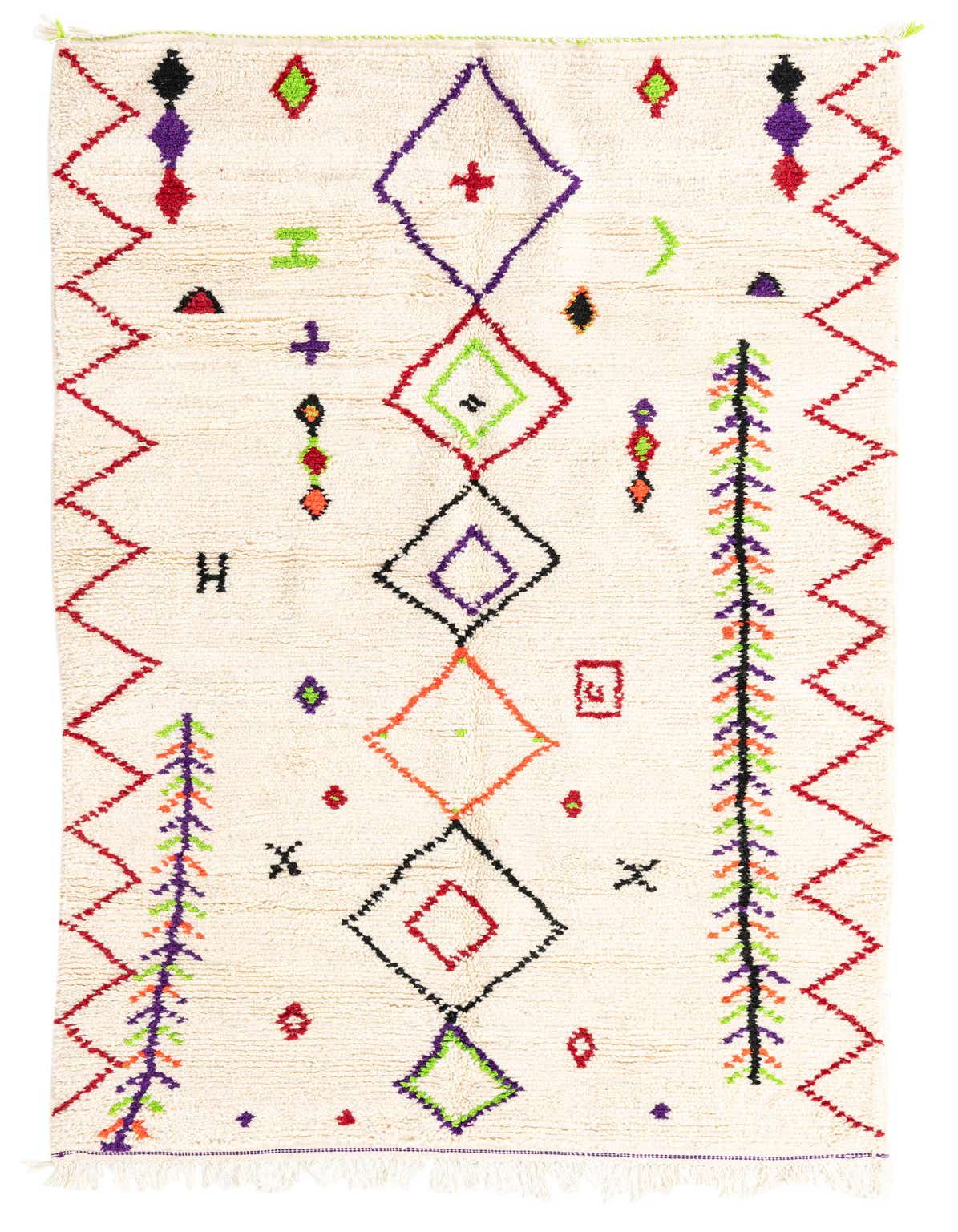 A 5x8 rectangular ivory shag rug with colorful tribal patterns, including diamonds and zigzags, suitable for a living room.