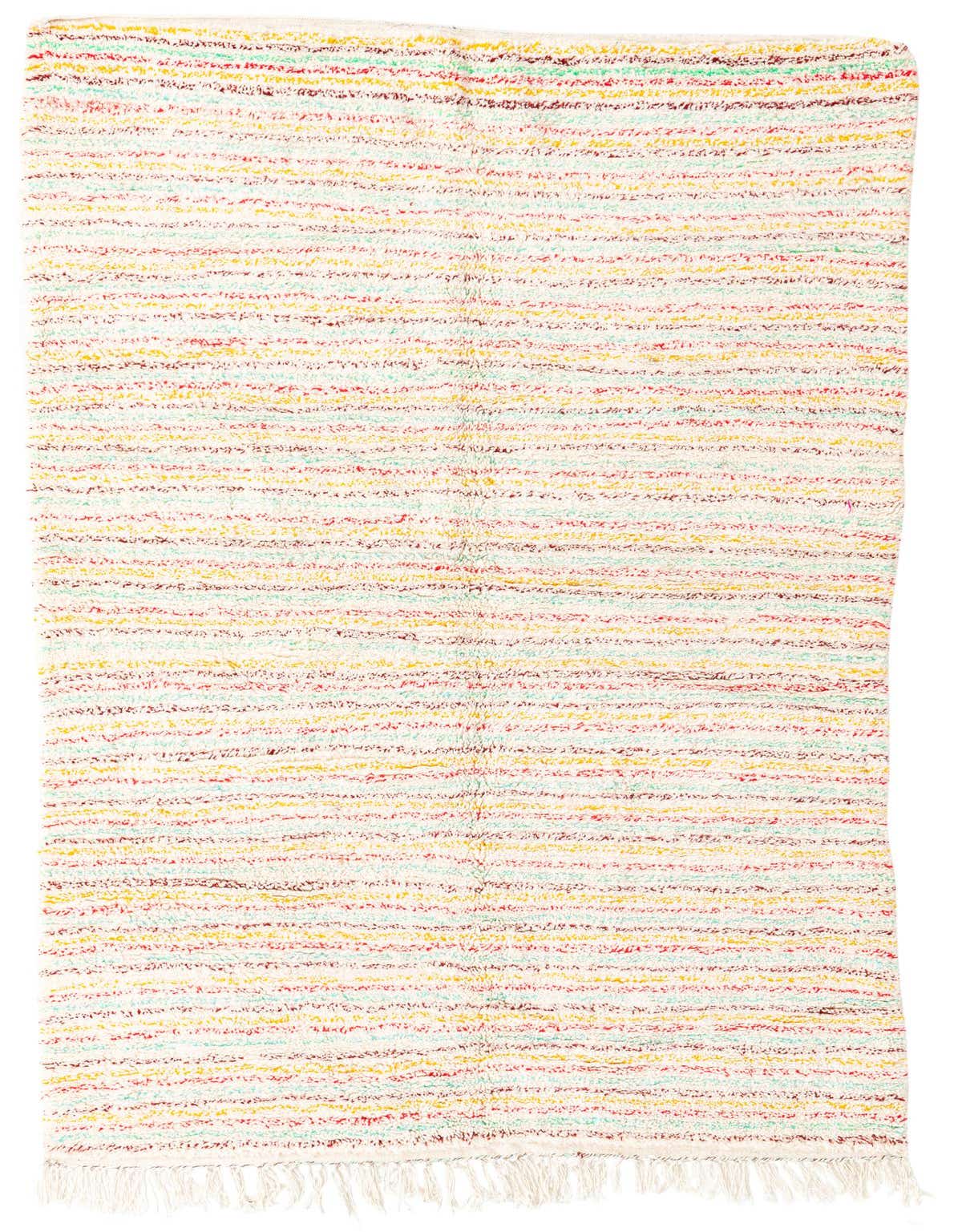 A 5x8 rectangular ivory shag rug with thin, colorful tribal stripes in red, yellow, and teal, suitable for a living room.