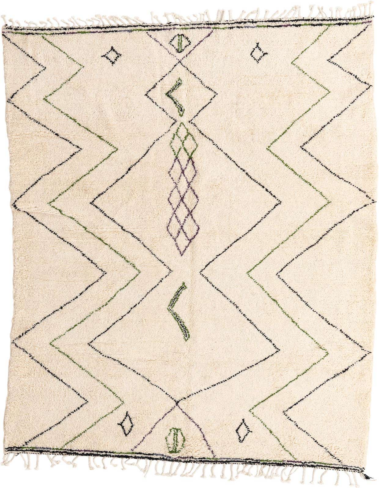 A 6x9 rectangular ivory shag rug with green, black, and purple tribal geometric patterns, suitable for a living room.