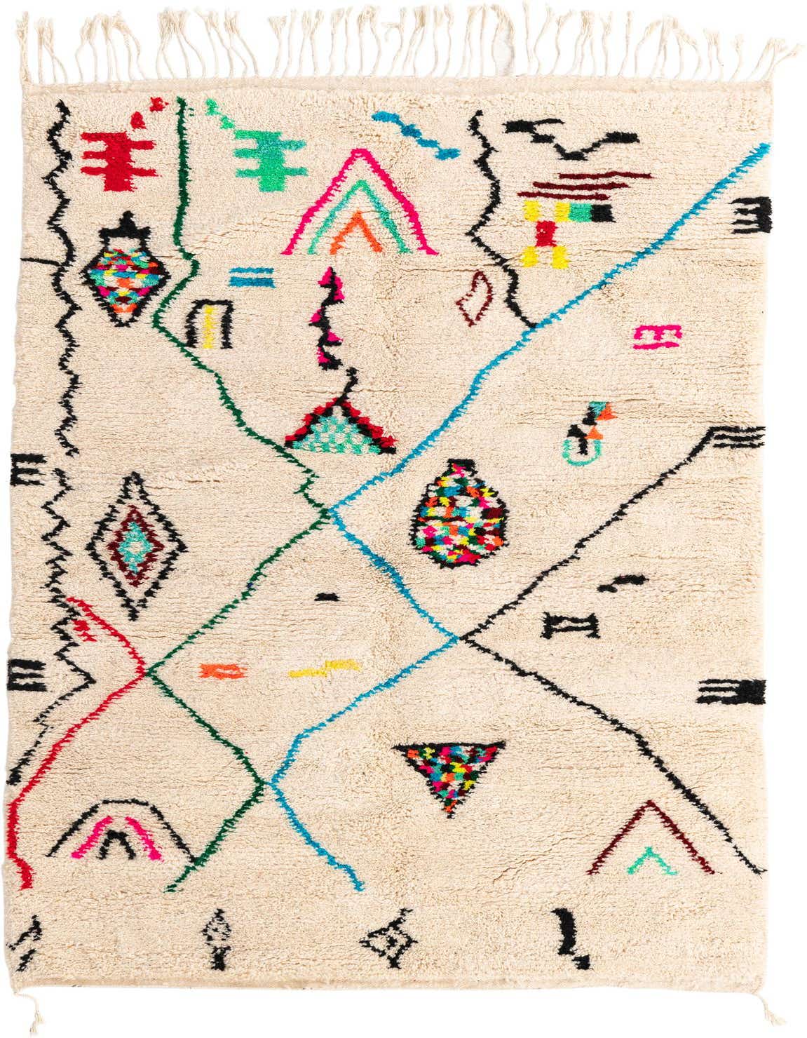 A 5x8 rectangular ivory shag rug with colorful abstract tribal patterns in red, blue, green, and black.