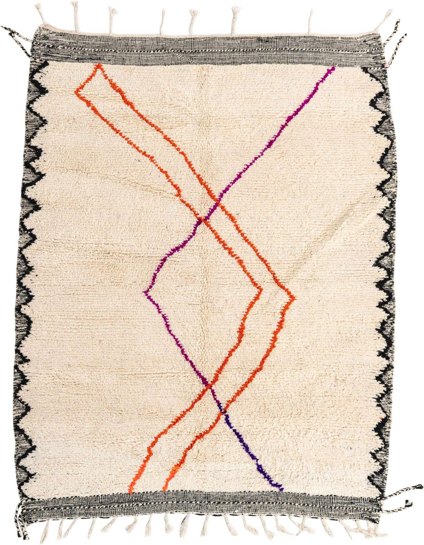 A 5x8 rectangular ivory shag rug with orange and purple abstract lines and black tribal borders, handmade from wool.