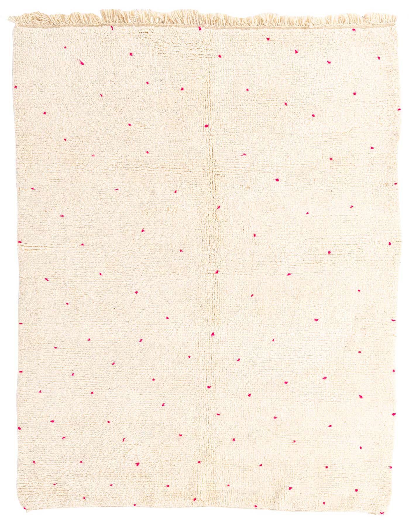 A 6x9 rectangular ivory shag rug with scattered small fuchsia pink abstract dots, suitable for a modern living room.