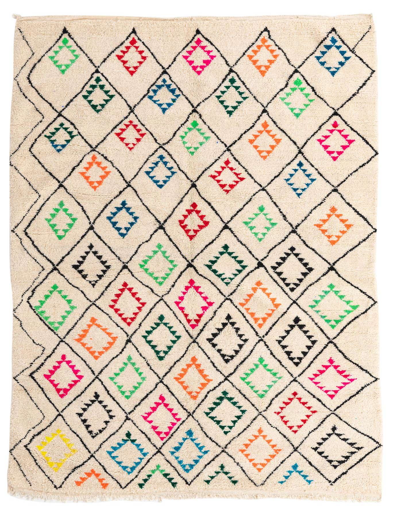 A 6x9 rectangular ivory shag rug with a modern tribal diamond pattern in various bright colors, perfect for a living room.