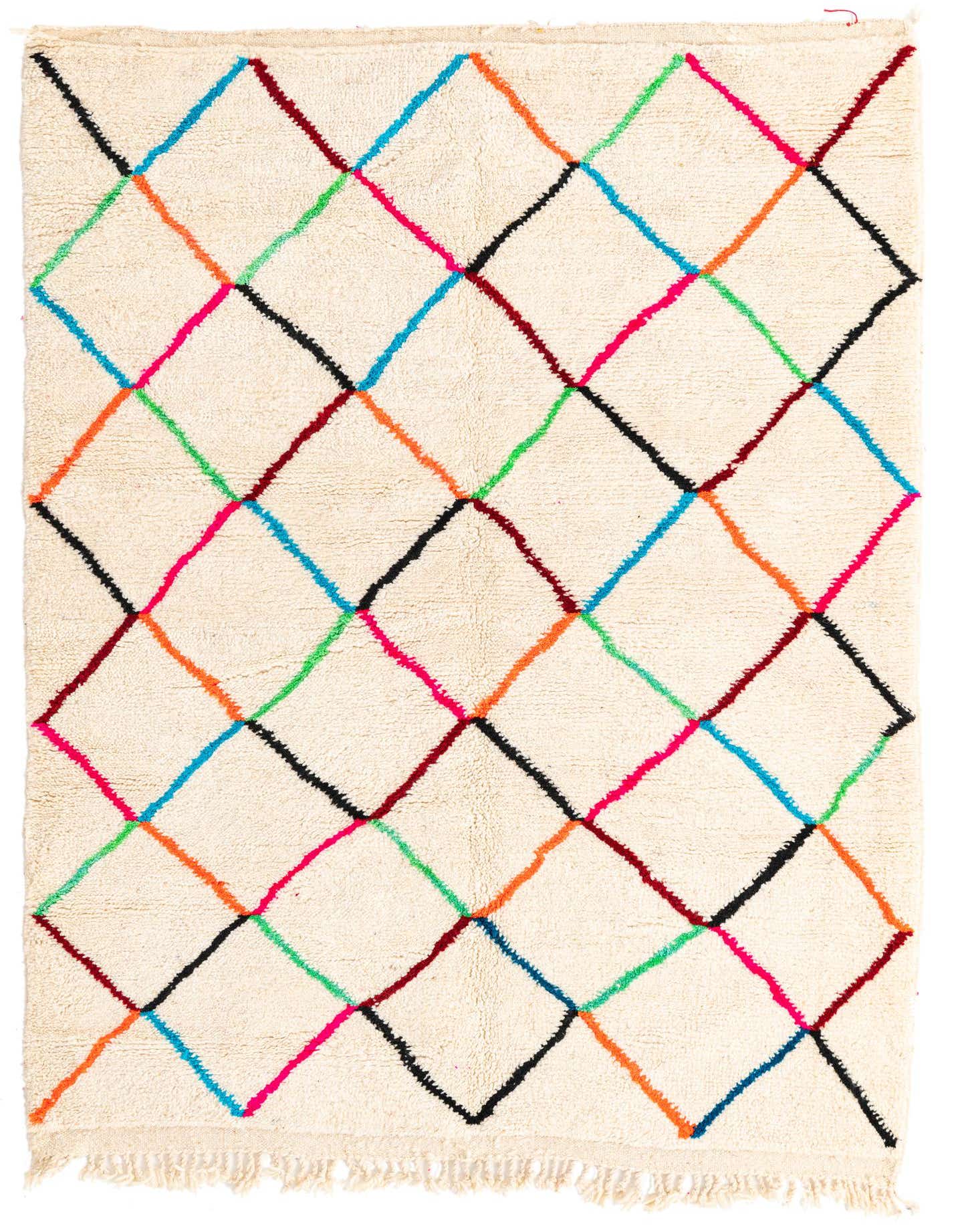 A 5x7 rectangular ivory shag rug with a vibrant, multicolored tribal diamond pattern, featuring fringes.