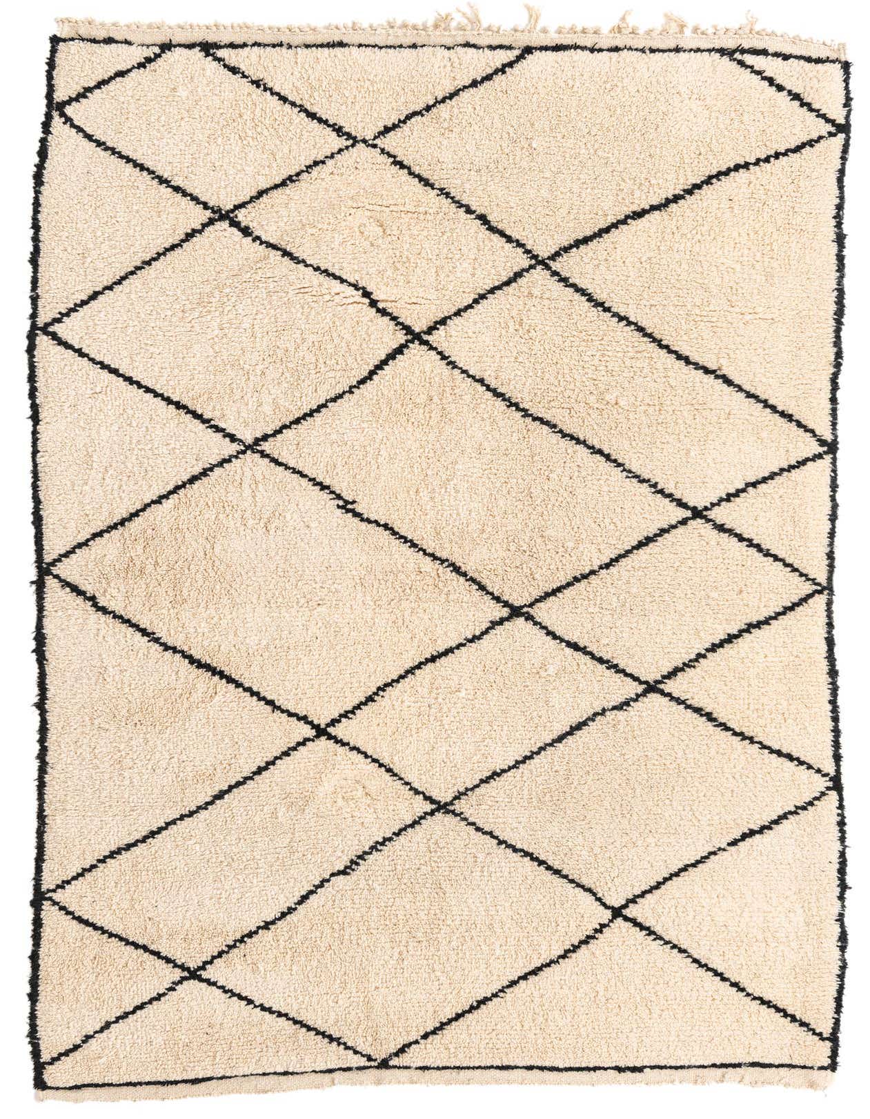 A 5x8 rectangular ivory shag rug with a black diamond trellis pattern, perfect for a living room.