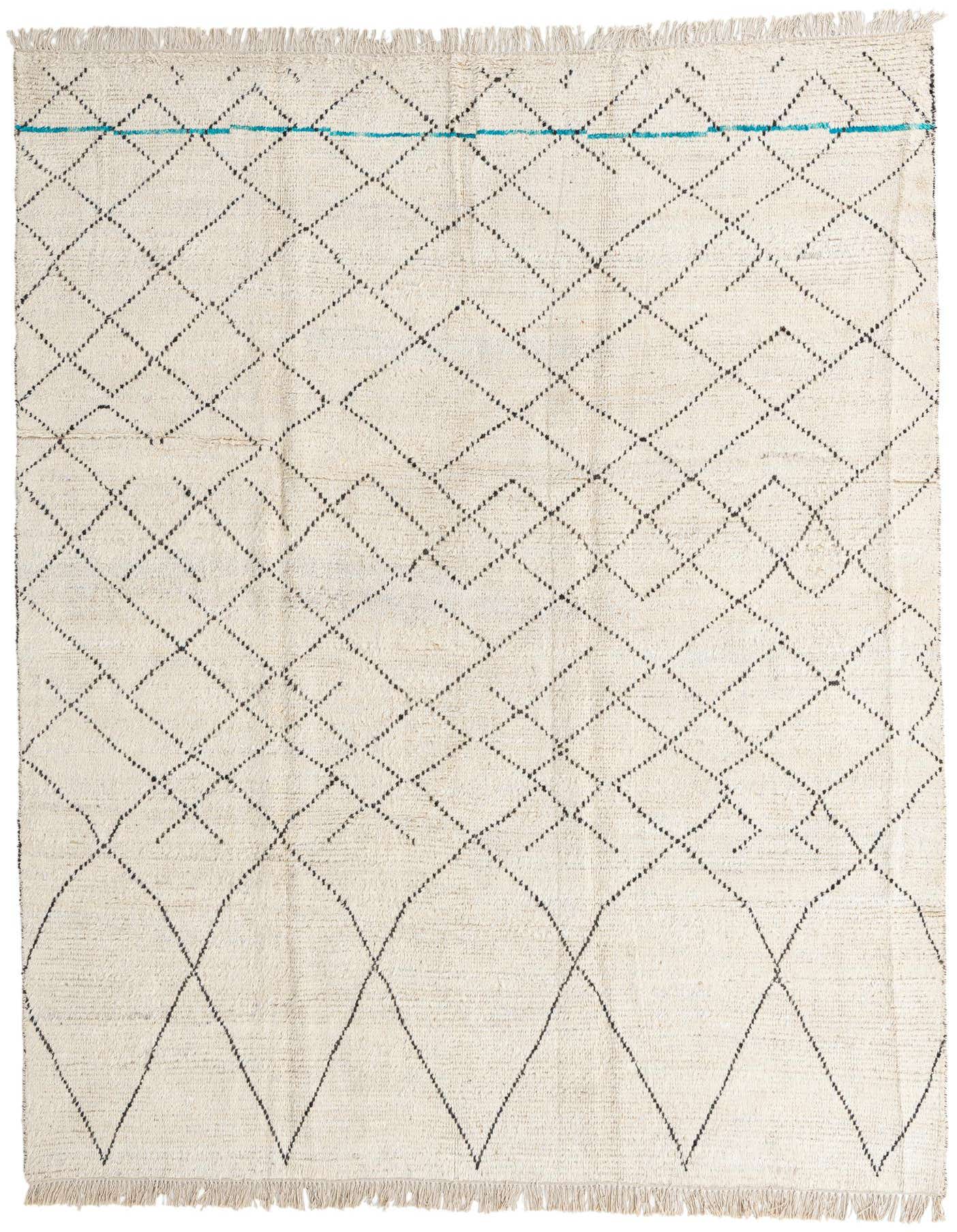 An 8x11 rectangular ivory wool shag rug with a black tribal diamond pattern and thin blue accents.