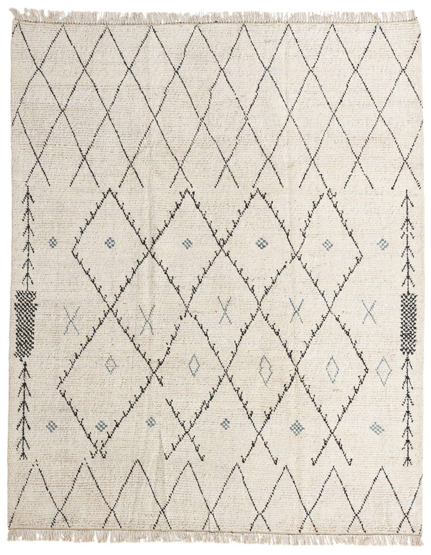 A rectangular 8x11 ivory wool shag rug with a modern tribal diamond pattern in black and subtle blue accents.