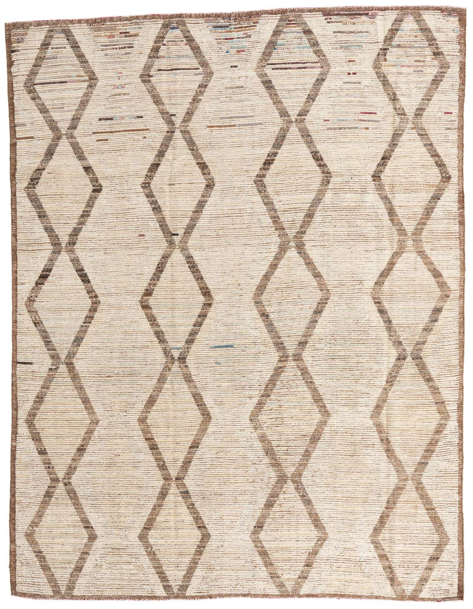 An 8x10 rectangular ivory shag rug with a brown tribal diamond pattern, ideal for a living room.